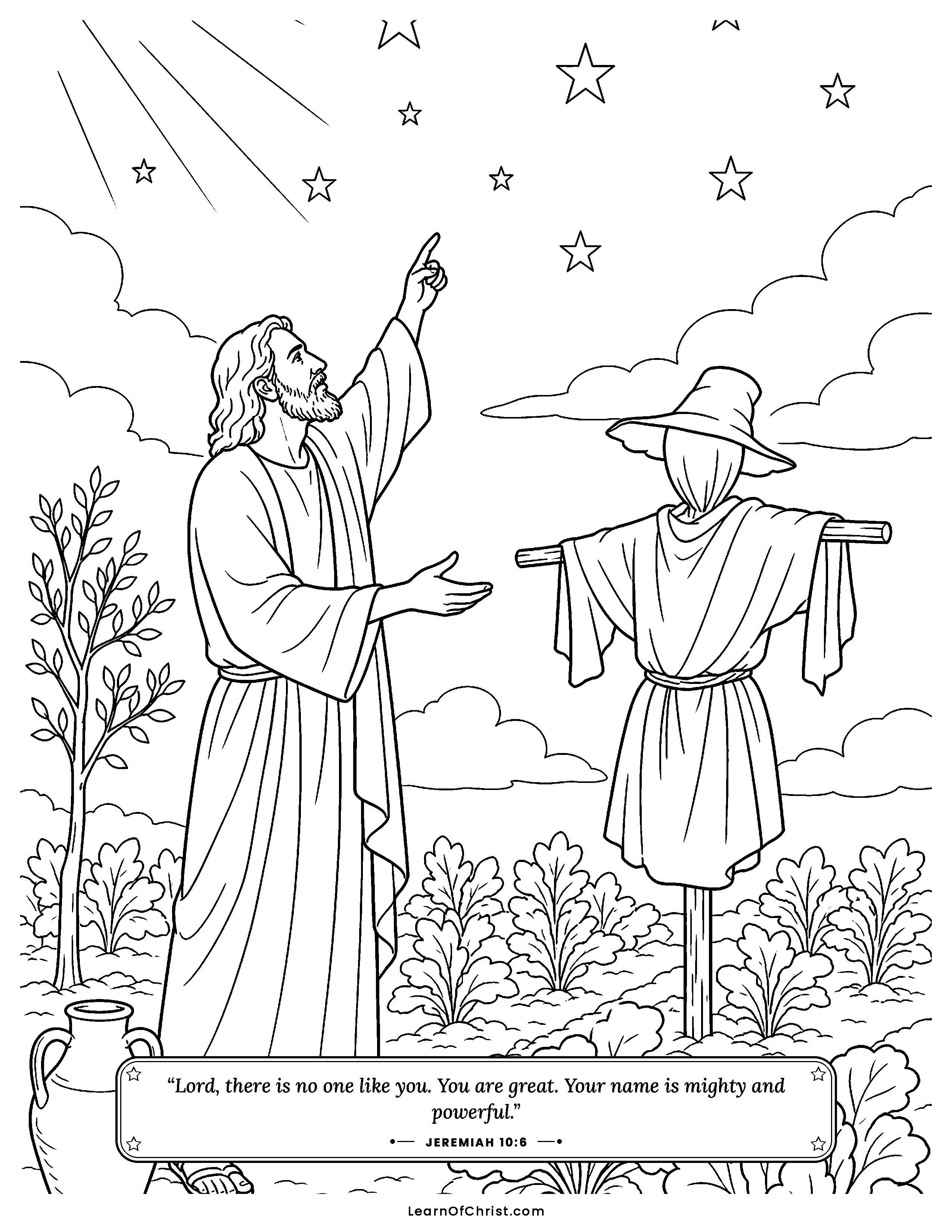 Jeremiah 10 coloring page - A scarecrow that cannot see or hear. Free printable Bible coloring sheet for kids.