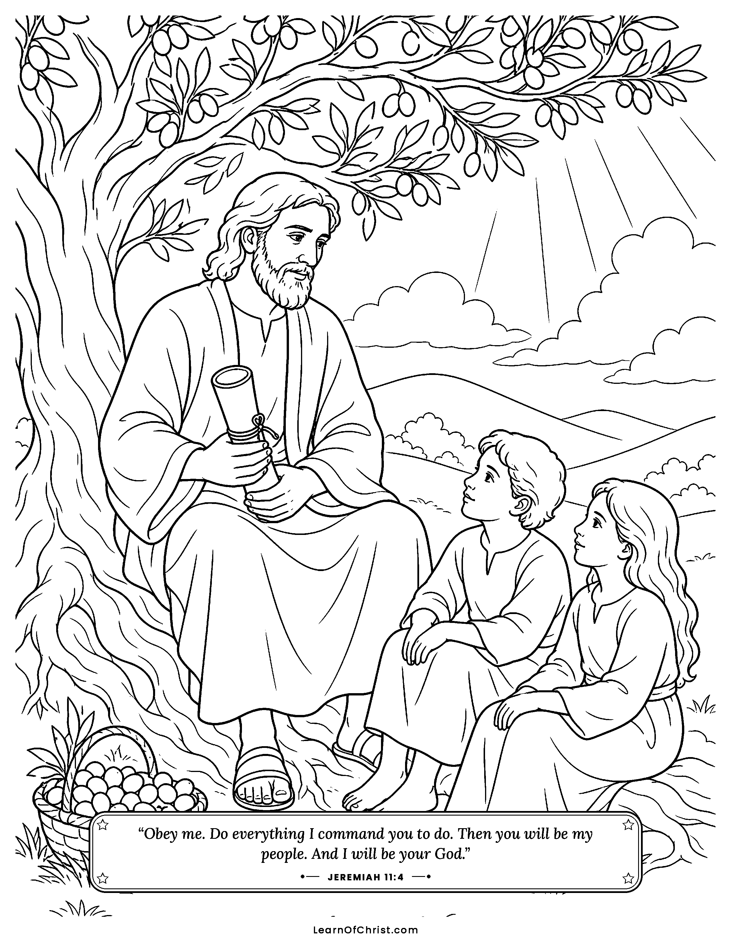 Jeremiah 11 coloring page - A green olive tree full of fruit. Free printable Bible coloring sheet for kids.