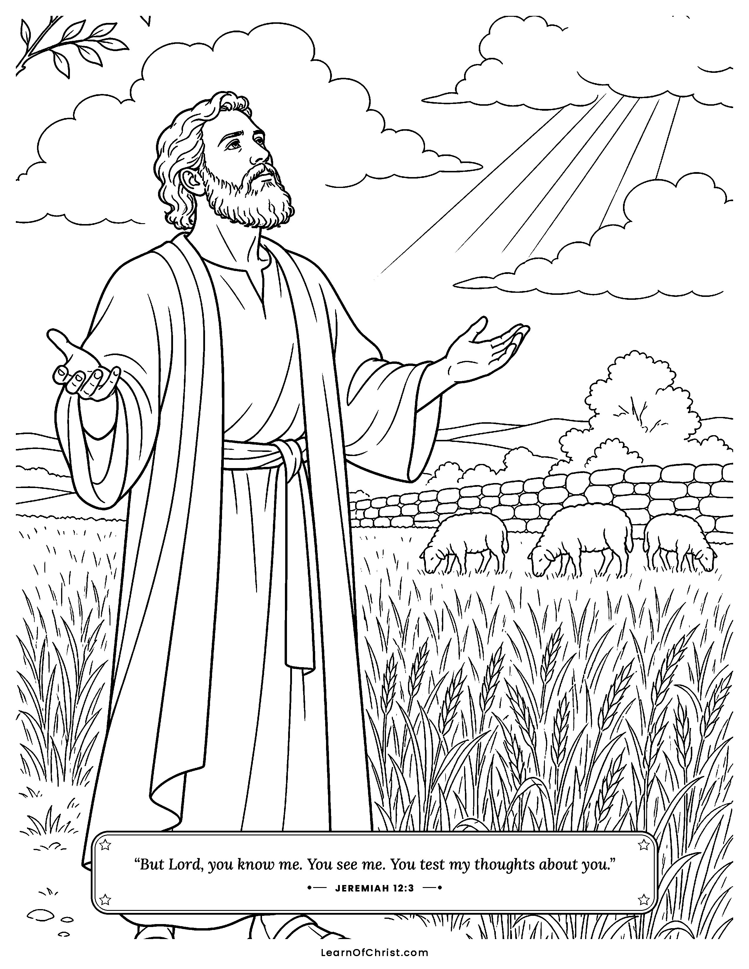 Jeremiah 12 coloring page - Jeremiah asks God his honest question. Free printable Bible coloring sheet for kids.