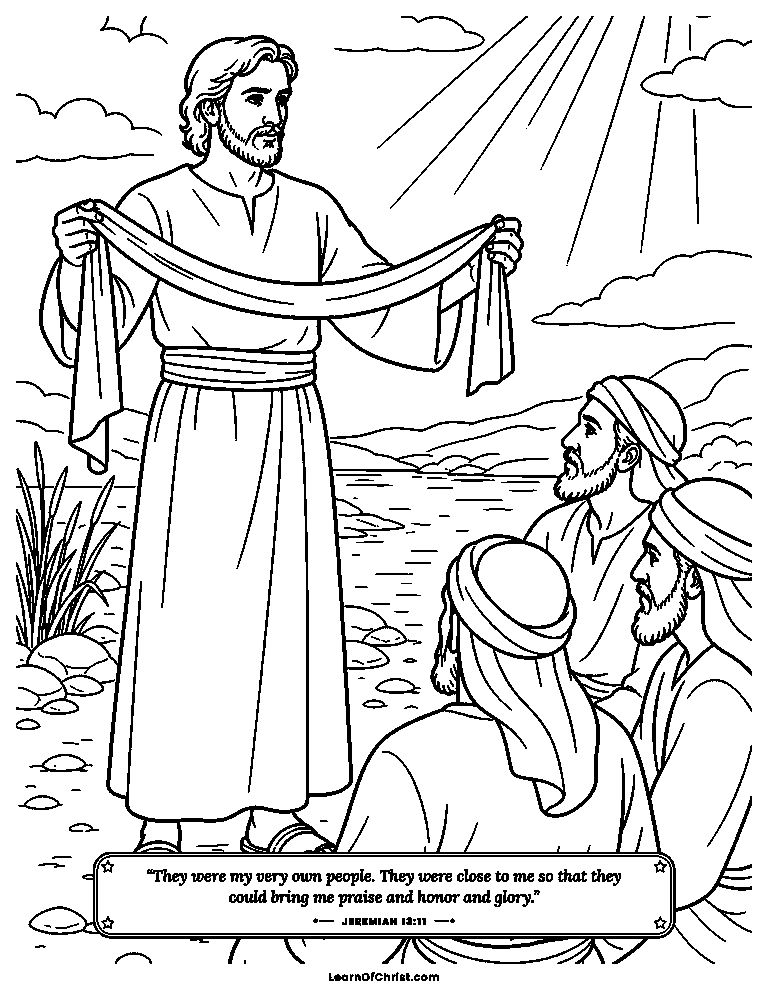 Jeremiah holds up the linen belt