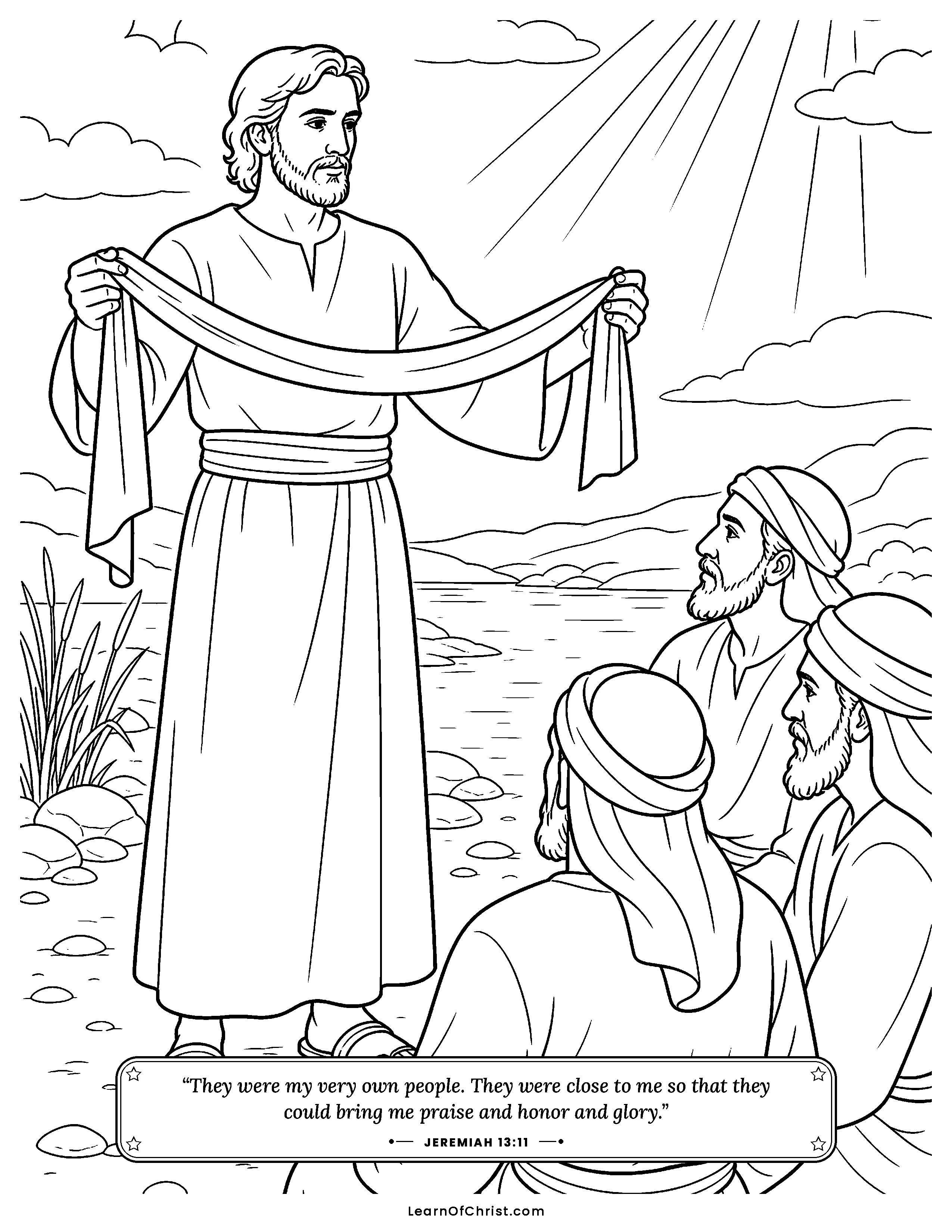 Jeremiah 13 coloring page - Jeremiah holds up the linen belt. Free printable Bible coloring sheet for kids.
