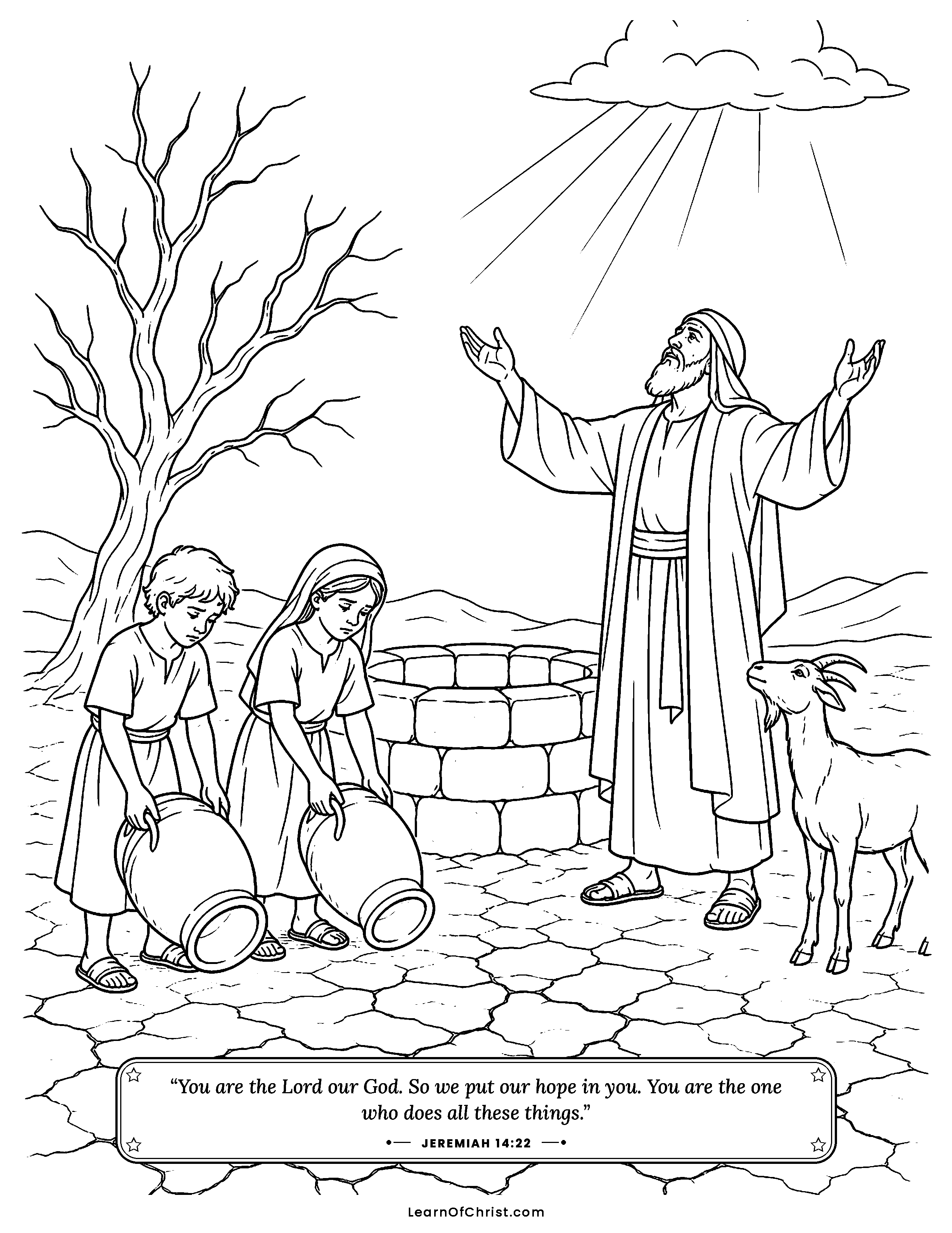 Jeremiah 14 coloring page - Empty water jars at a dry well. Free printable Bible coloring sheet for kids.