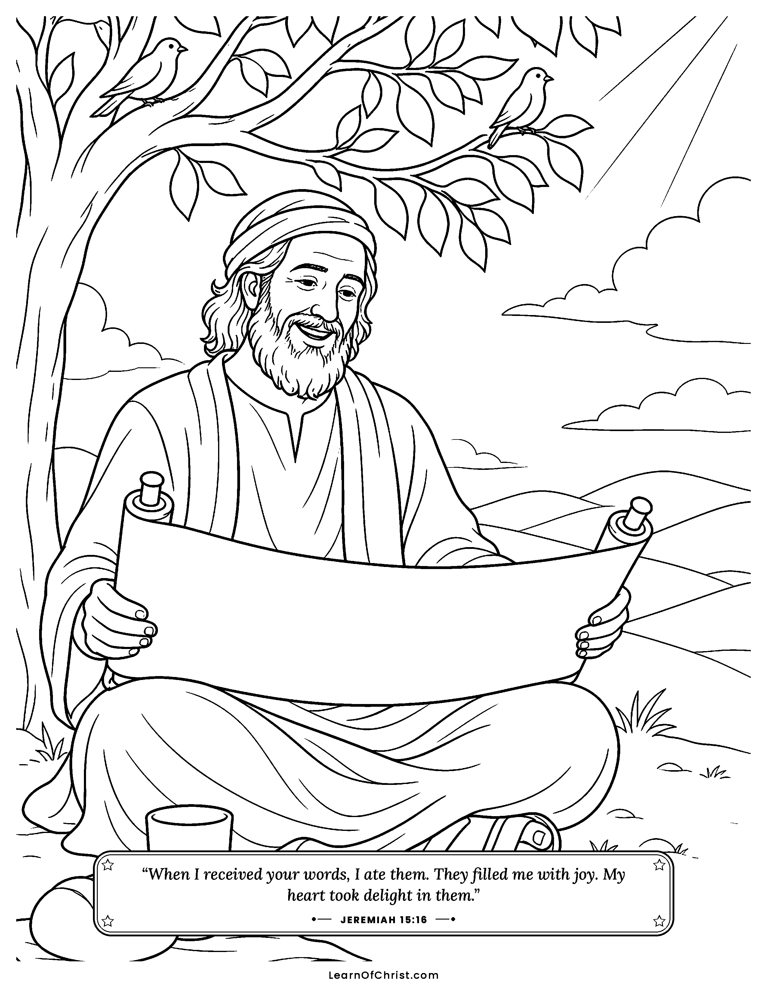 Jeremiah 15 coloring page - Jeremiah finds joy in God's words. Free printable Bible coloring sheet for kids.