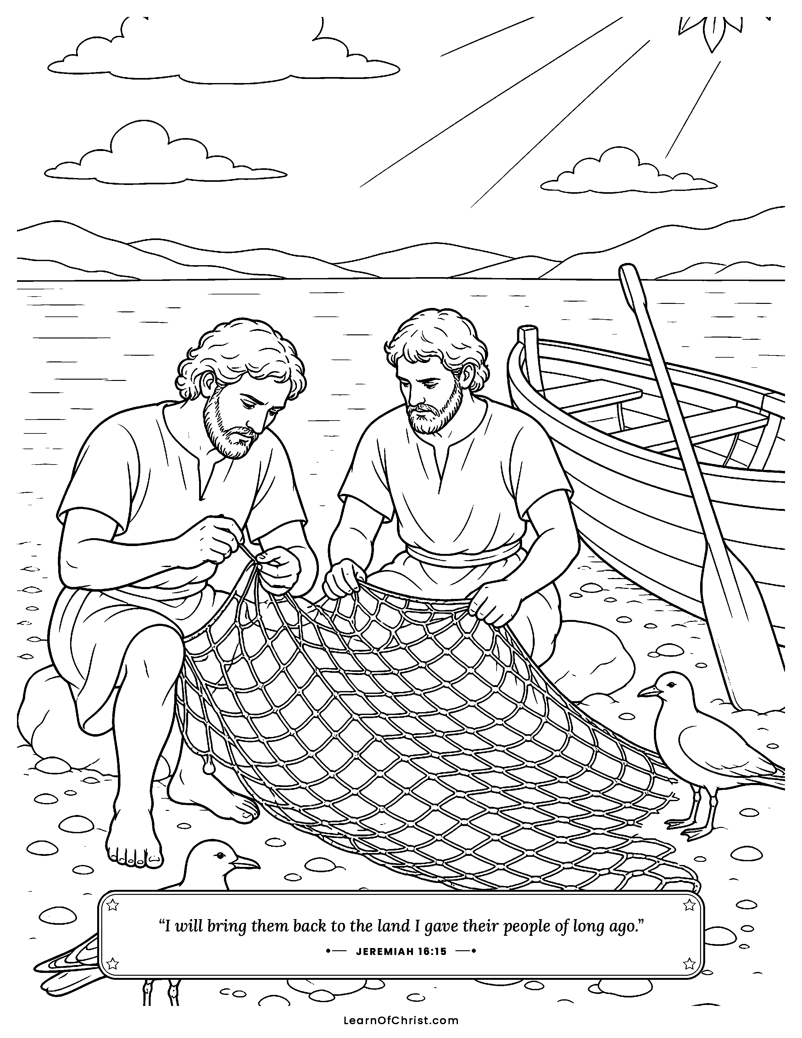 Jeremiah 16 coloring page - Fishermen mending their nets. Free printable Bible coloring sheet for kids.