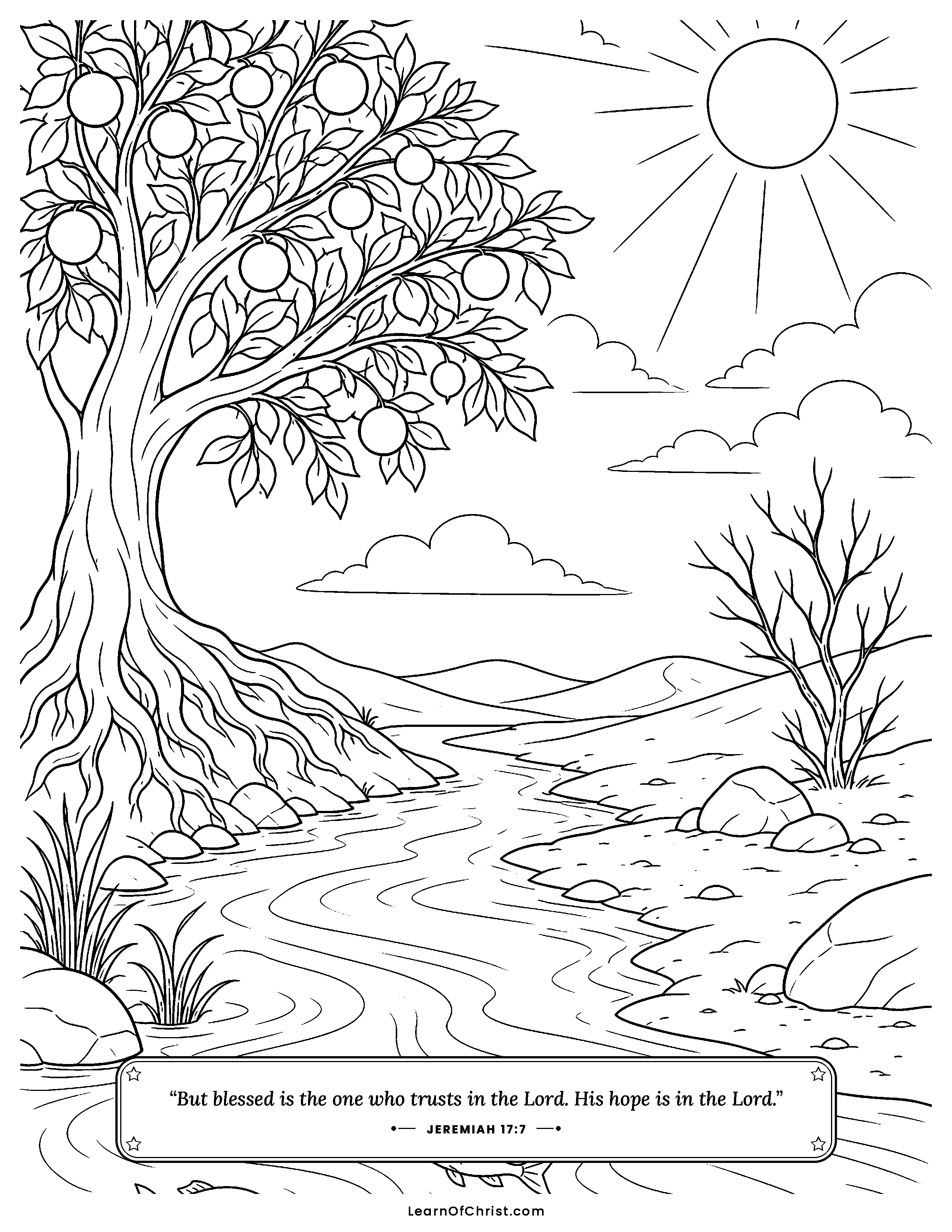 Jeremiah 17 coloring page - A tree planted beside the river. Free printable Bible coloring sheet for kids.