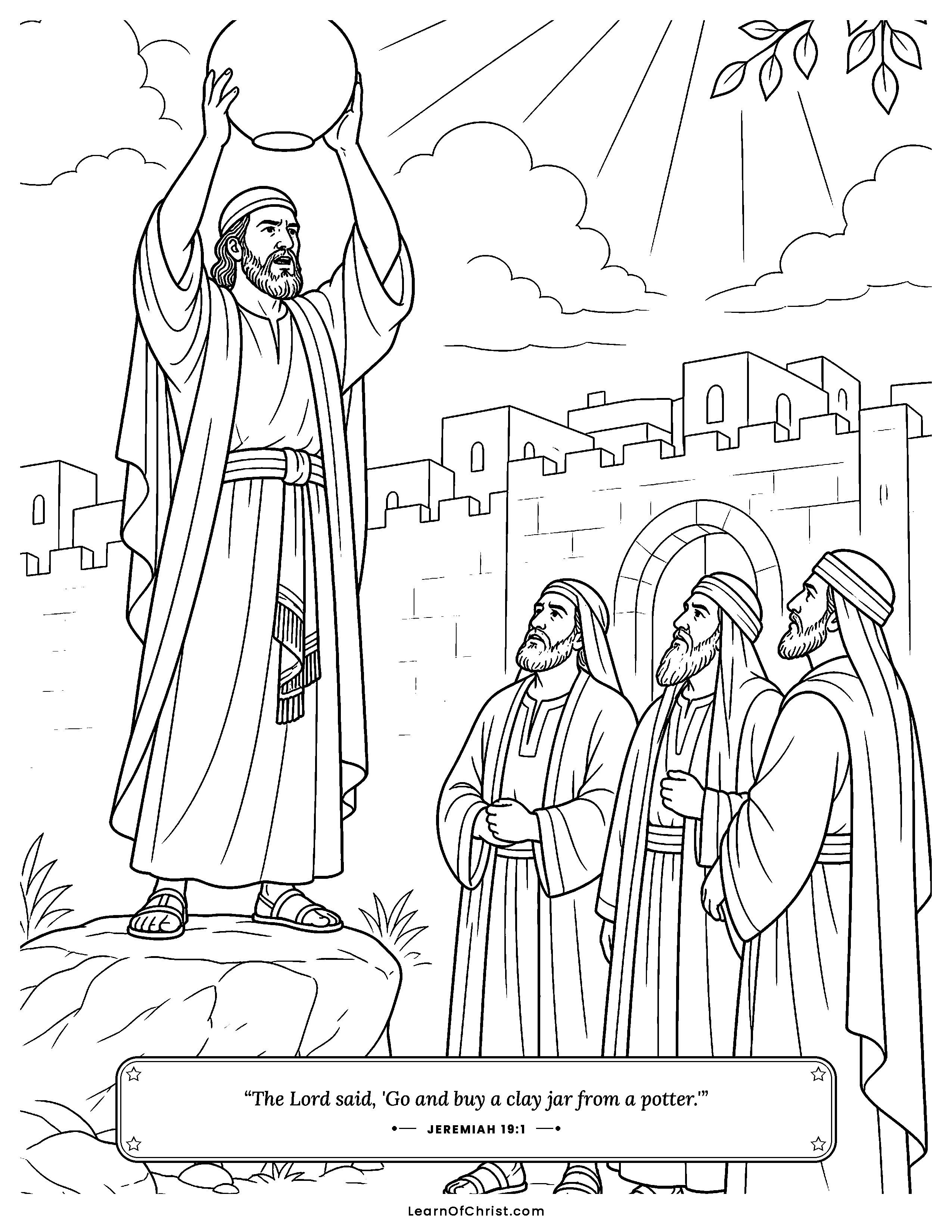 Jeremiah 19 coloring page - Jeremiah holds up the clay jar. Free printable Bible coloring sheet for kids.