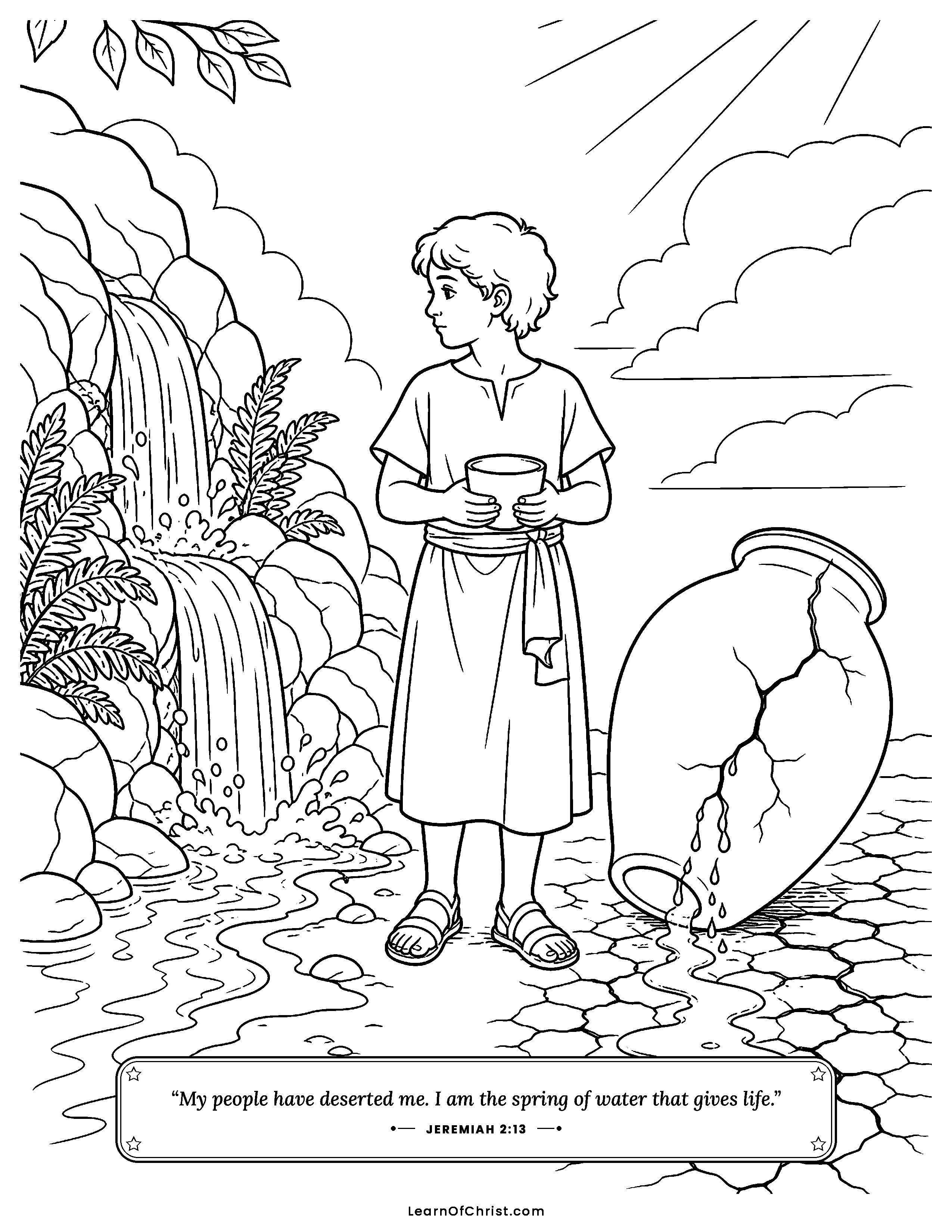 Jeremiah 2 coloring page - A fresh spring and a cracked jar. Free printable Bible coloring sheet for kids.