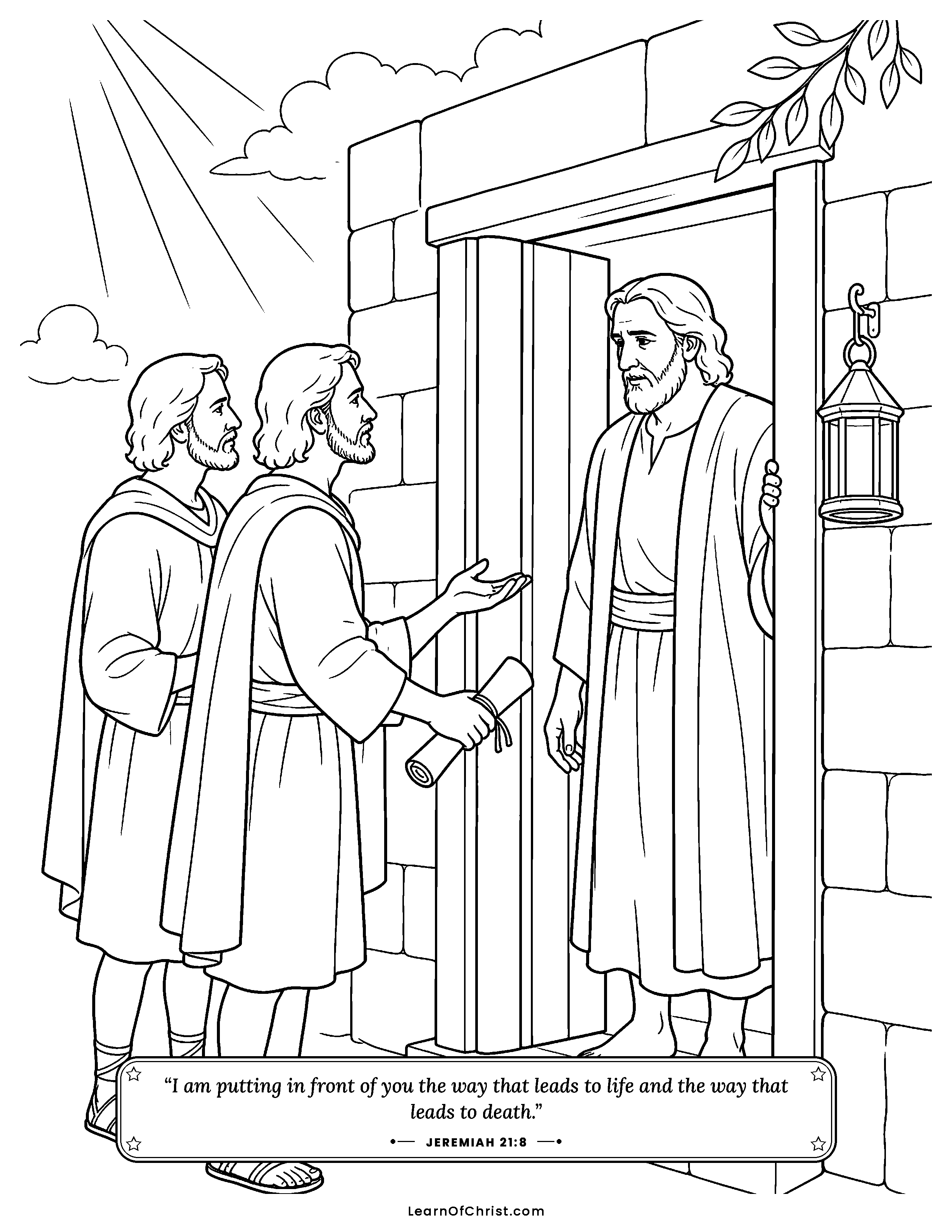 Jeremiah 21 coloring page - The king's messengers ask for prayer. Free printable Bible coloring sheet for kids.