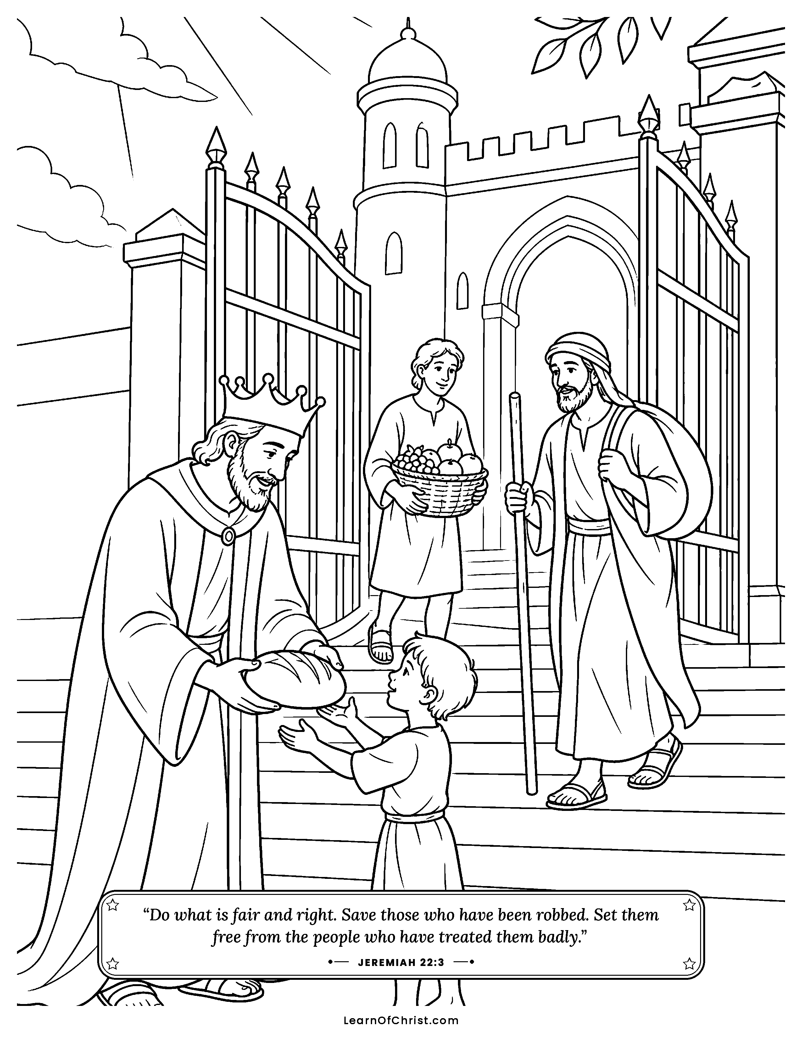 Jeremiah 22 coloring page - A good king helps those who need help. Free printable Bible coloring sheet for kids.