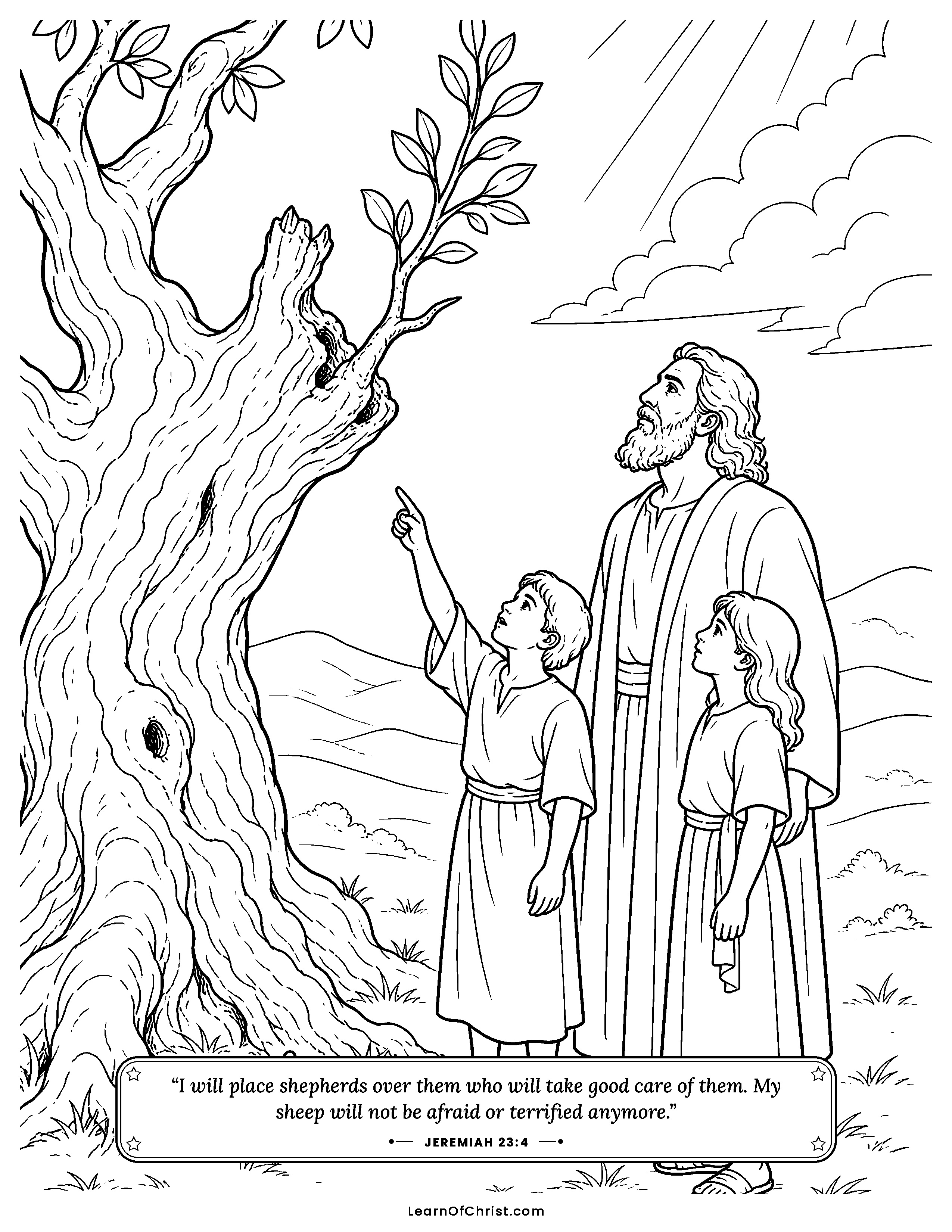 Jeremiah 23 coloring page - A strong new branch on the old tree. Free printable Bible coloring sheet for kids.