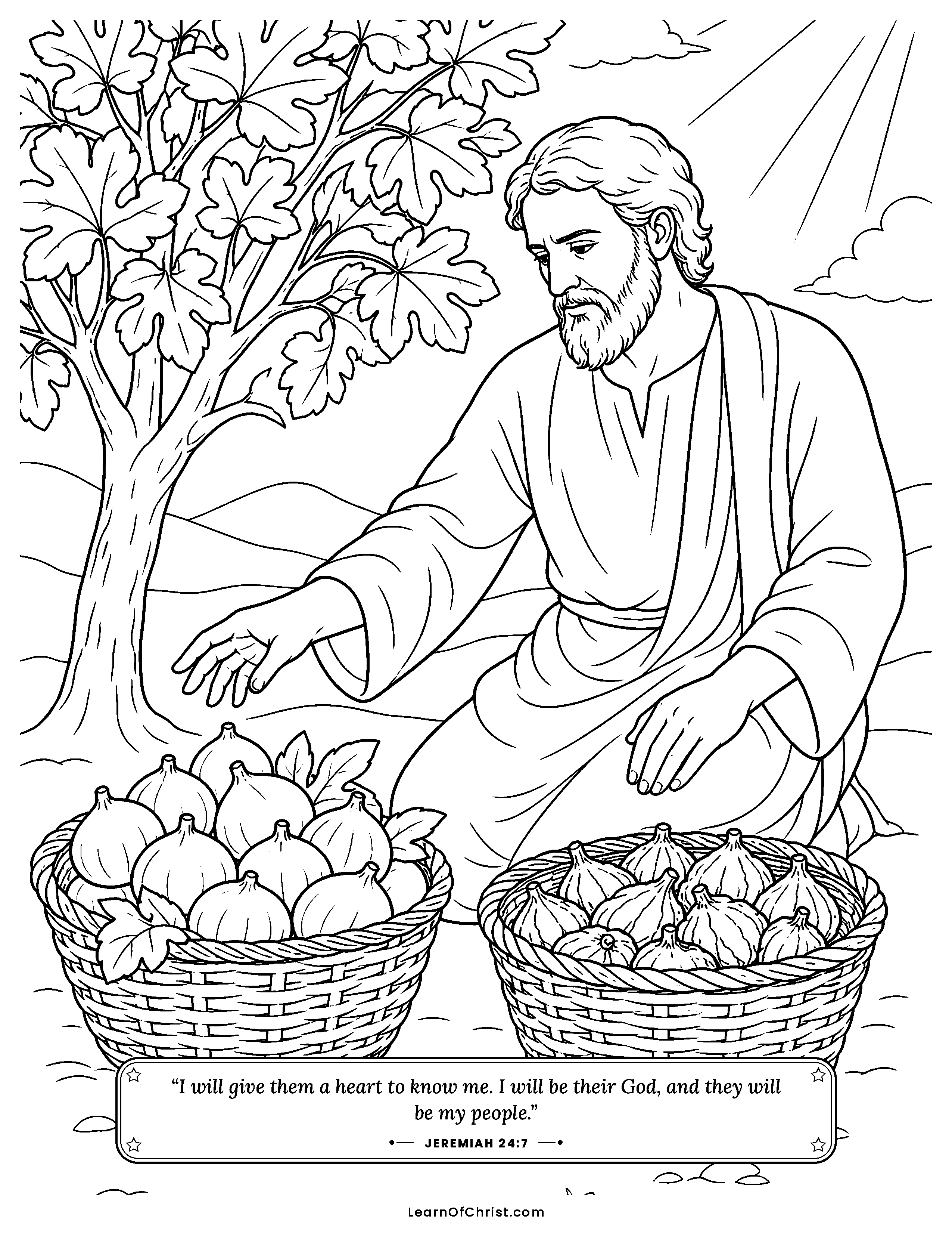 Jeremiah 24 coloring page - Two baskets of figs before Jeremiah. Free printable Bible coloring sheet for kids.