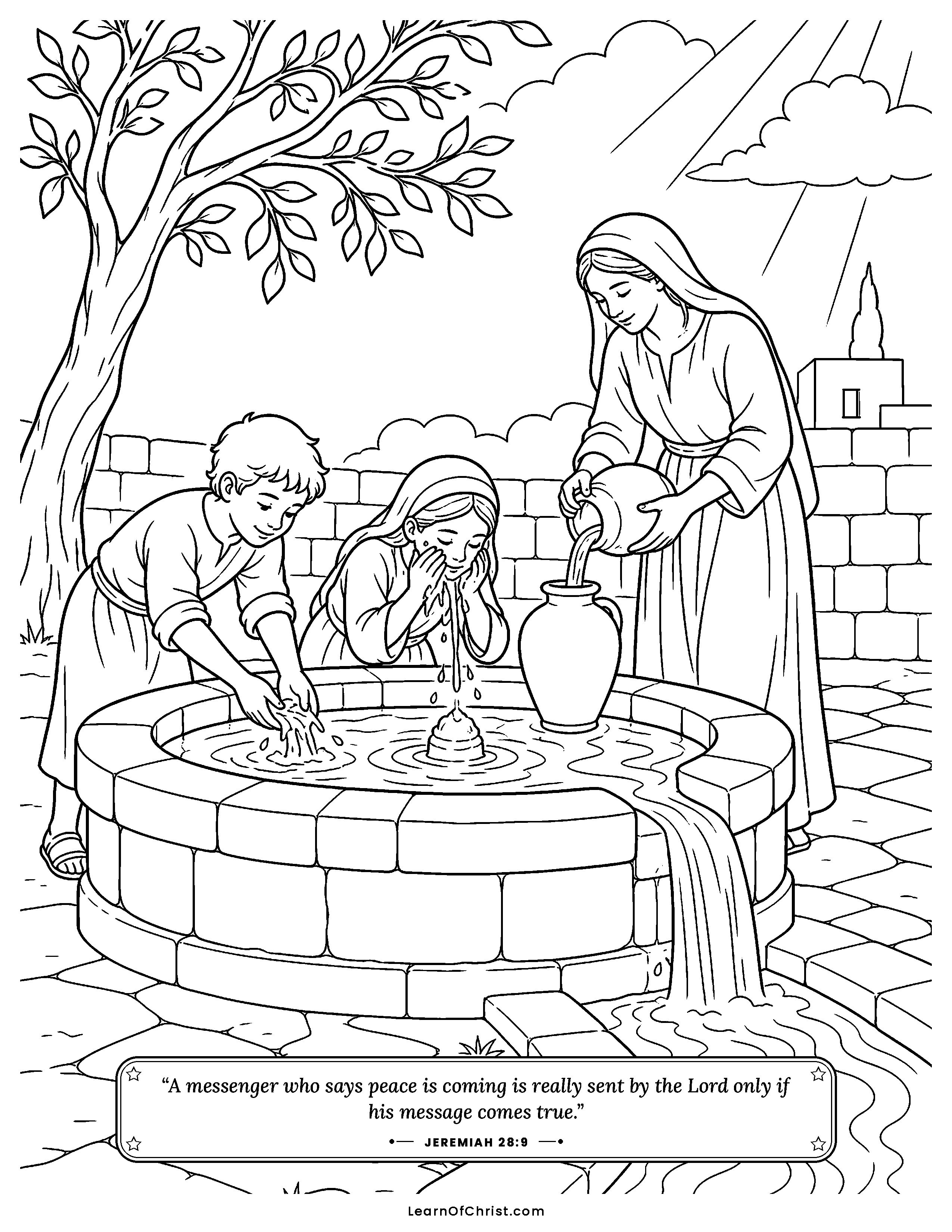 Jeremiah 28 coloring page - The broken yoke and a gentle answer. Free printable Bible coloring sheet for kids.