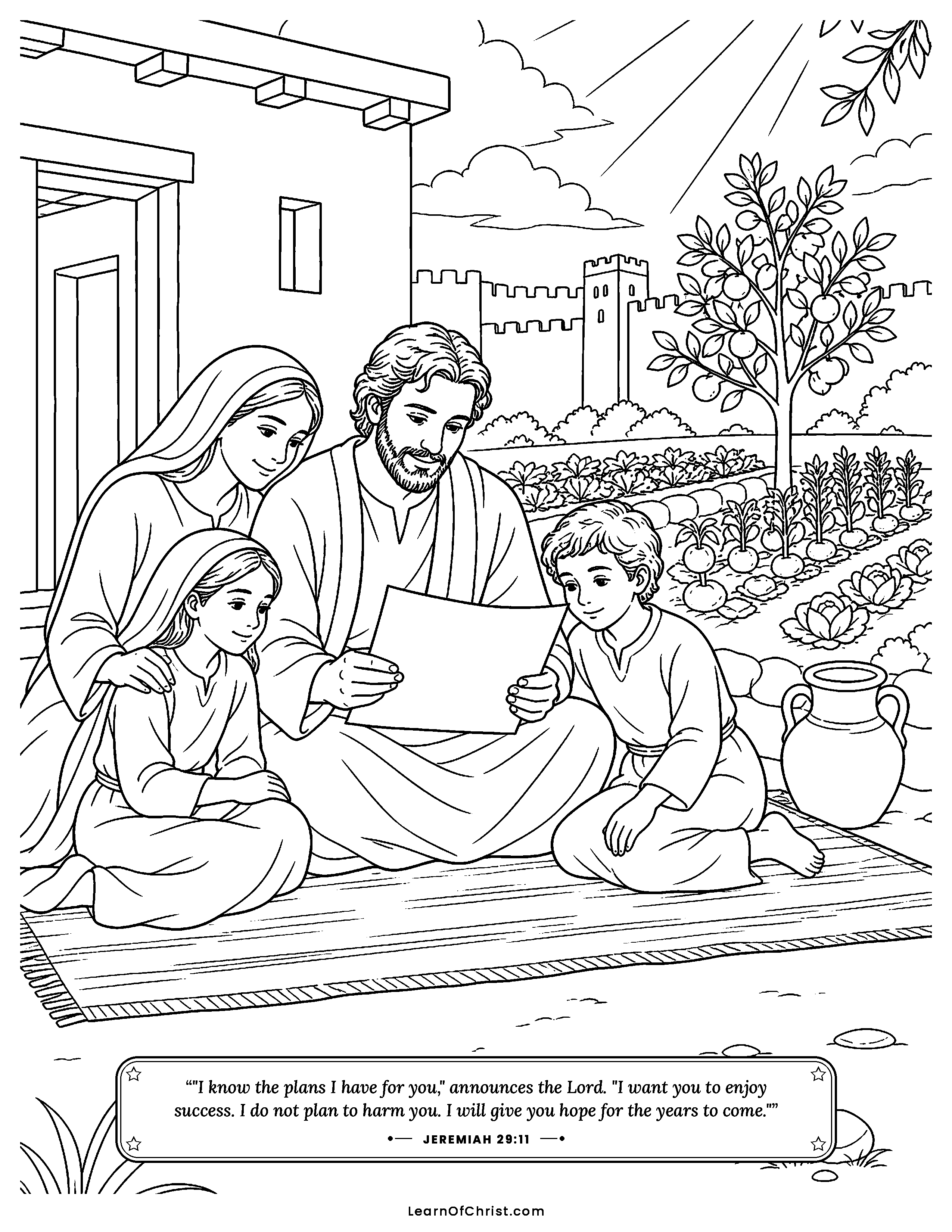 Jeremiah 29 coloring page - A family reads God's letter in Babylon. Free printable Bible coloring sheet for kids.