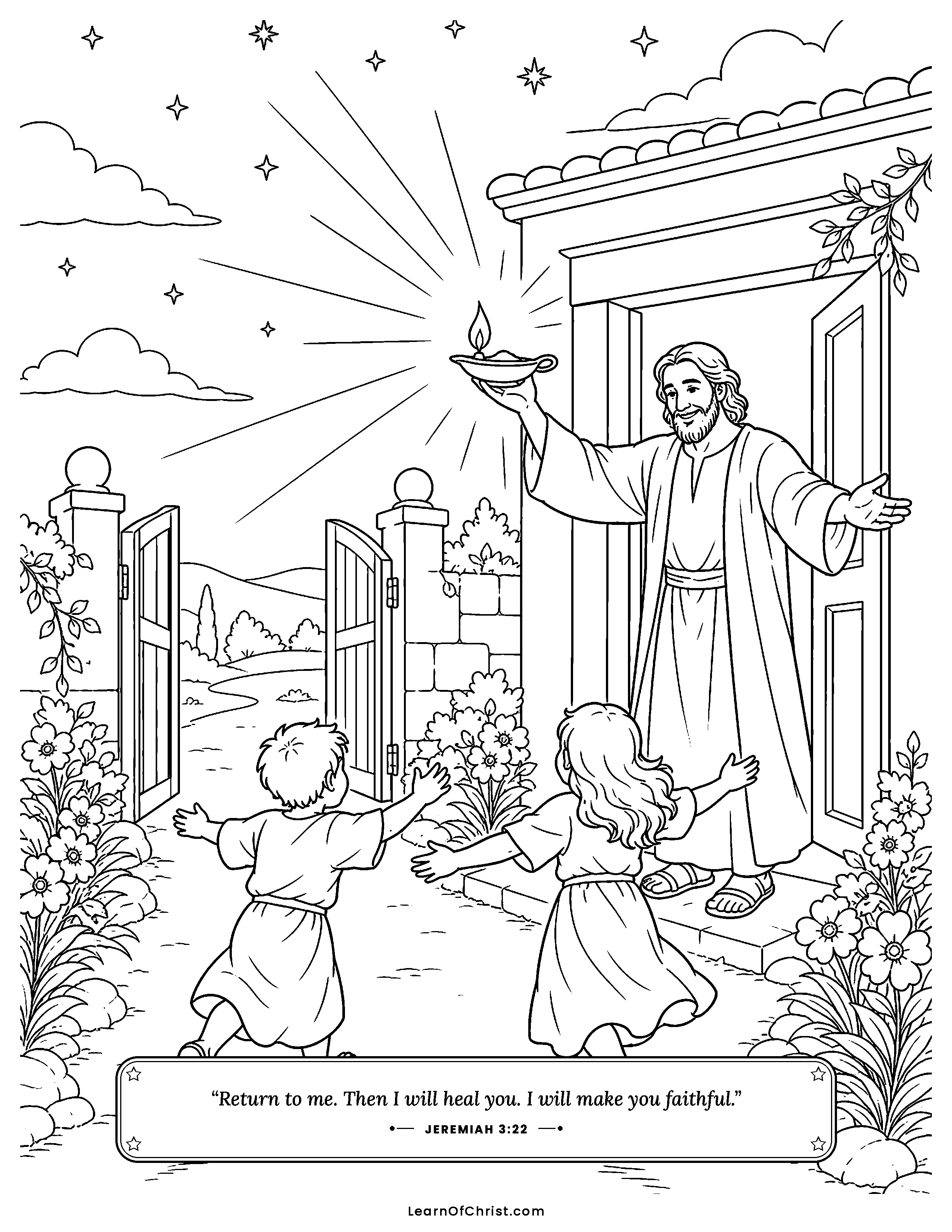 Jeremiah 3 coloring page - The father waits at the open door. Free printable Bible coloring sheet for kids.