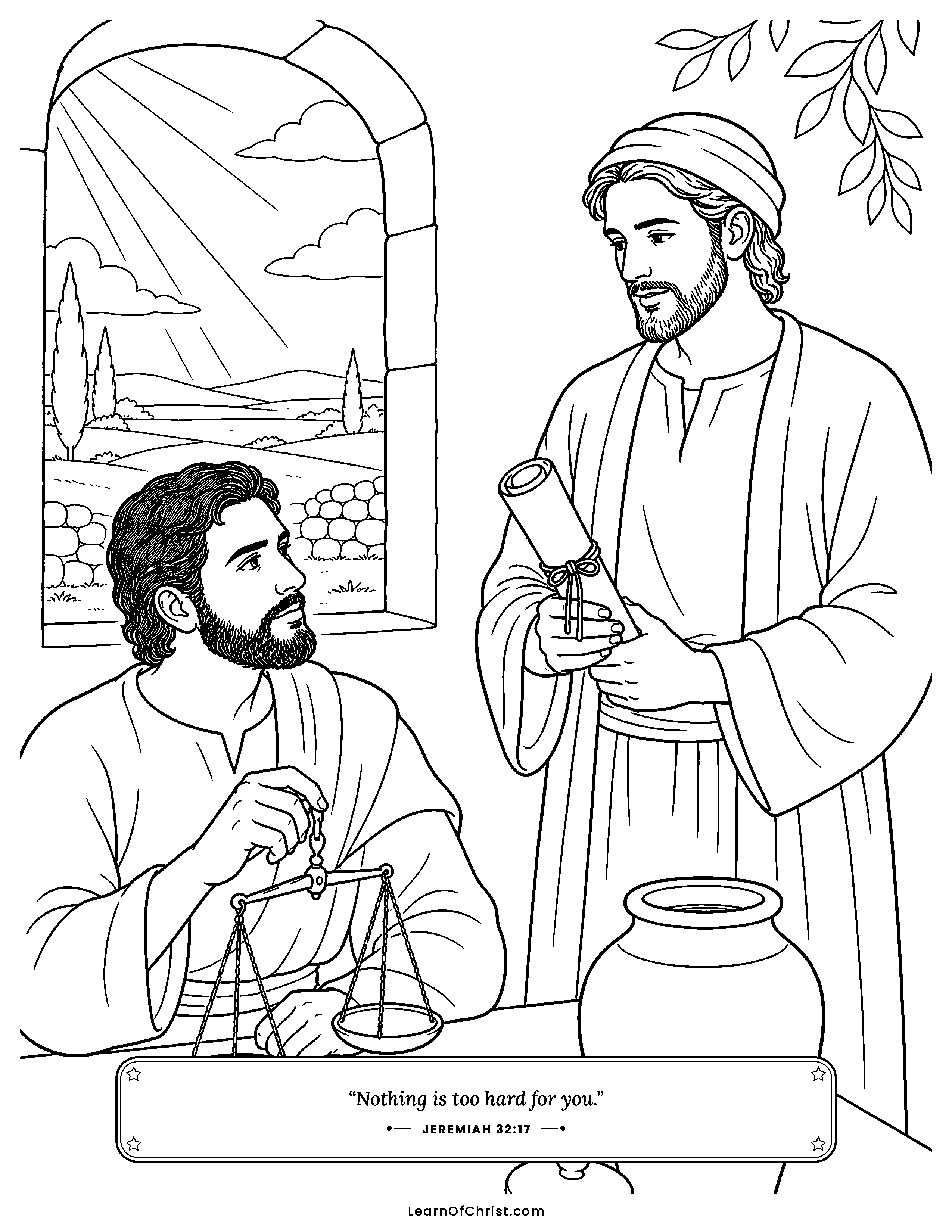 Jeremiah 32 coloring page - Jeremiah buys a field and seals the deed. Free printable Bible coloring sheet for kids.