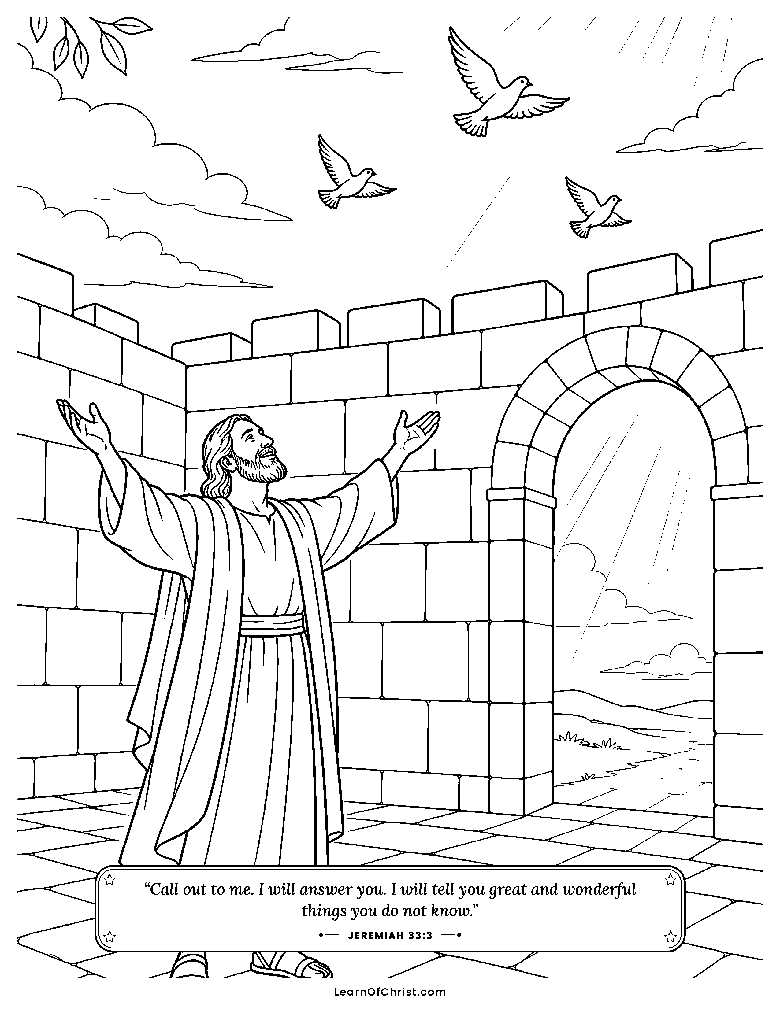 Jeremiah 33 coloring page - Call to Me and I will answer. Free printable Bible coloring sheet for kids.