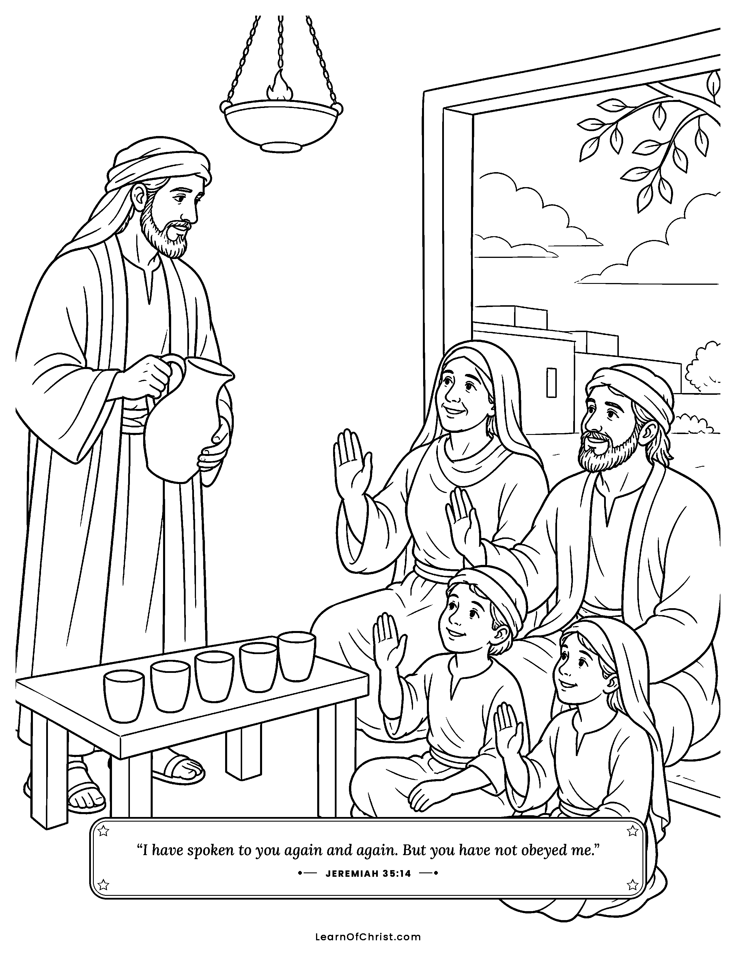 Jeremiah 35 coloring page - The Rekabite family says no thank you. Free printable Bible coloring sheet for kids.