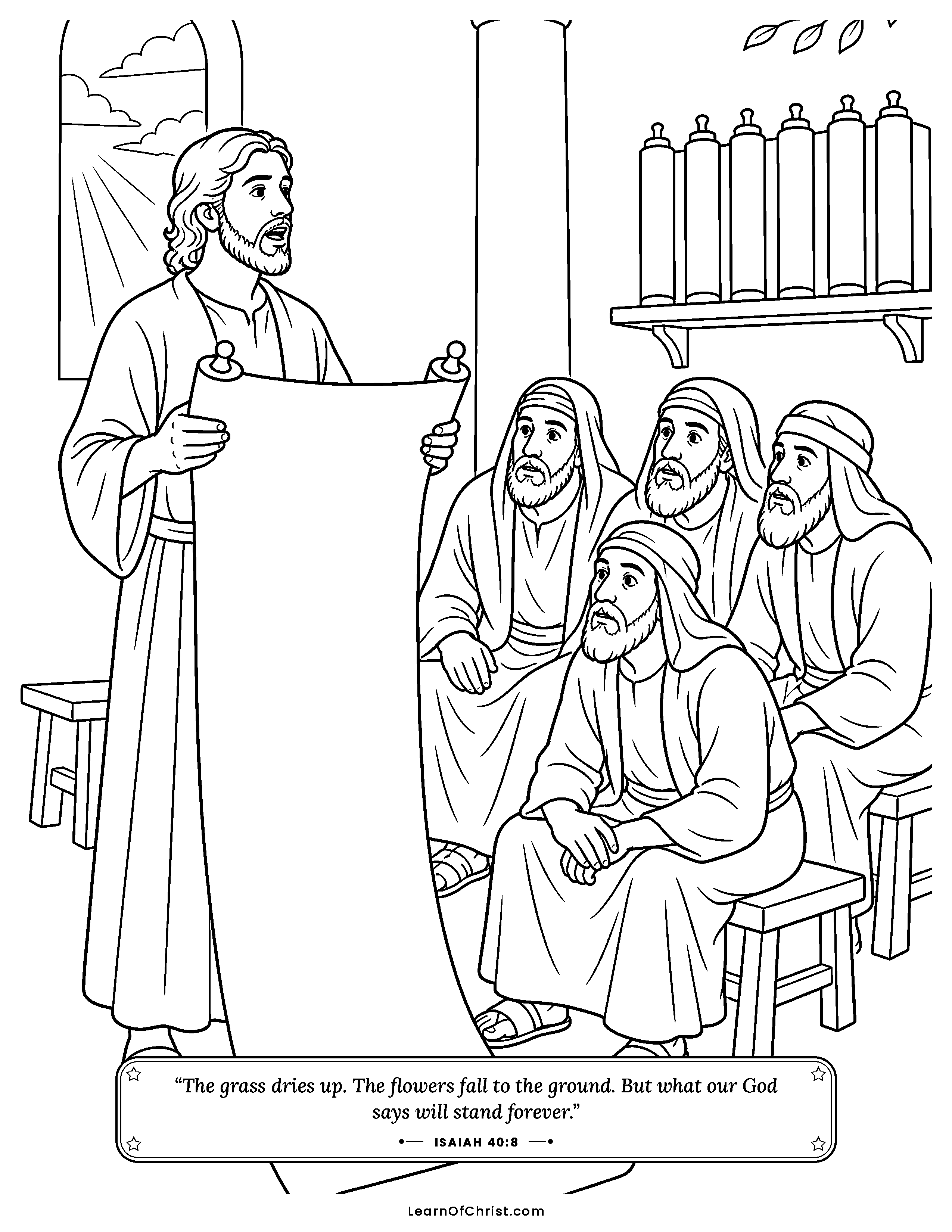 Jeremiah 36 coloring page - Baruch reads the long scroll aloud. Free printable Bible coloring sheet for kids.