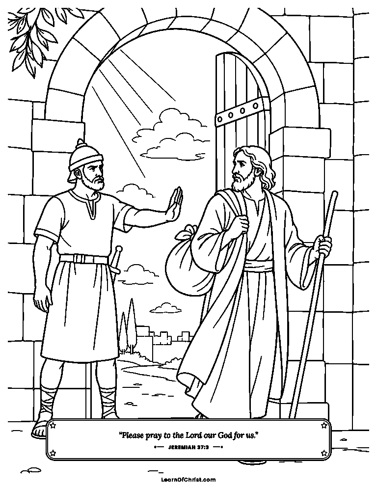 Jeremiah 37 coloring page - A guard stops Jeremiah at the city gate