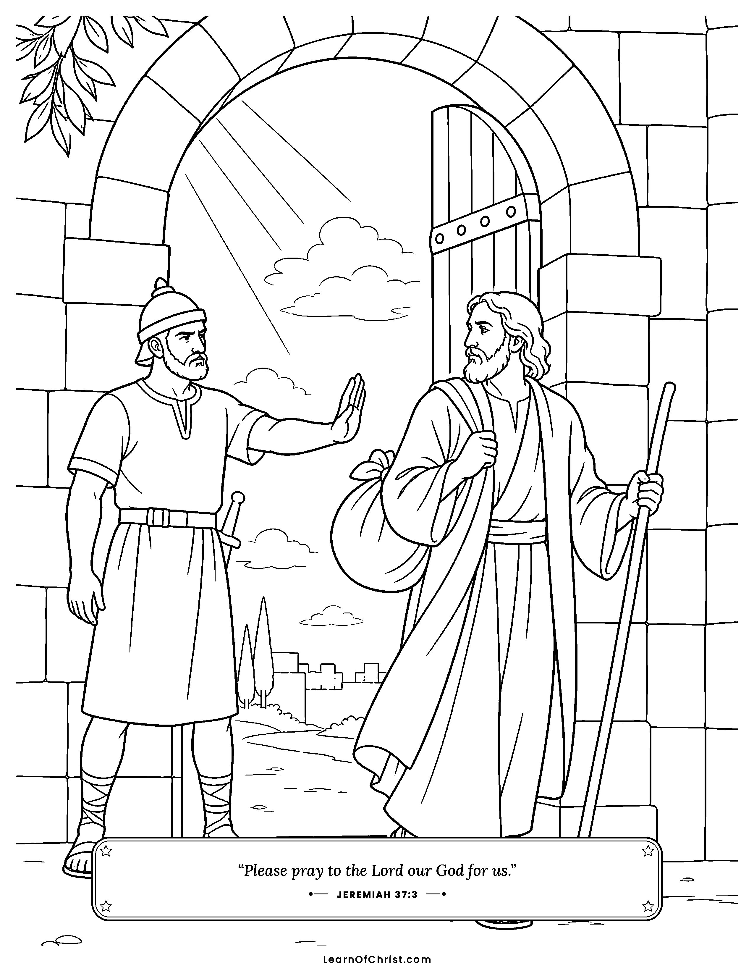 Jeremiah 37 coloring page - A guard stops Jeremiah at the city gate. Free printable Bible coloring sheet for kids.