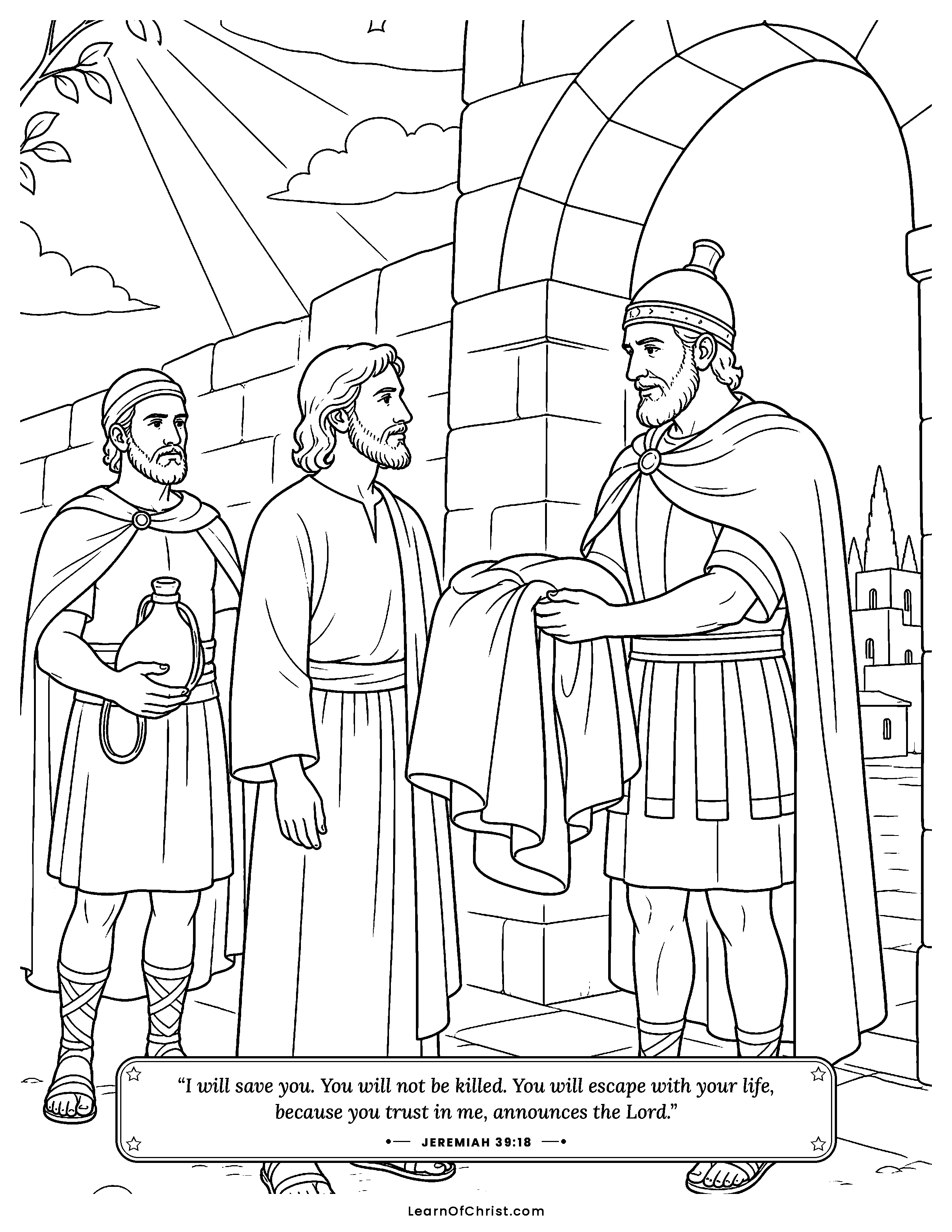 Jeremiah 39 coloring page - An officer promises to keep Jeremiah safe. Free printable Bible coloring sheet for kids.