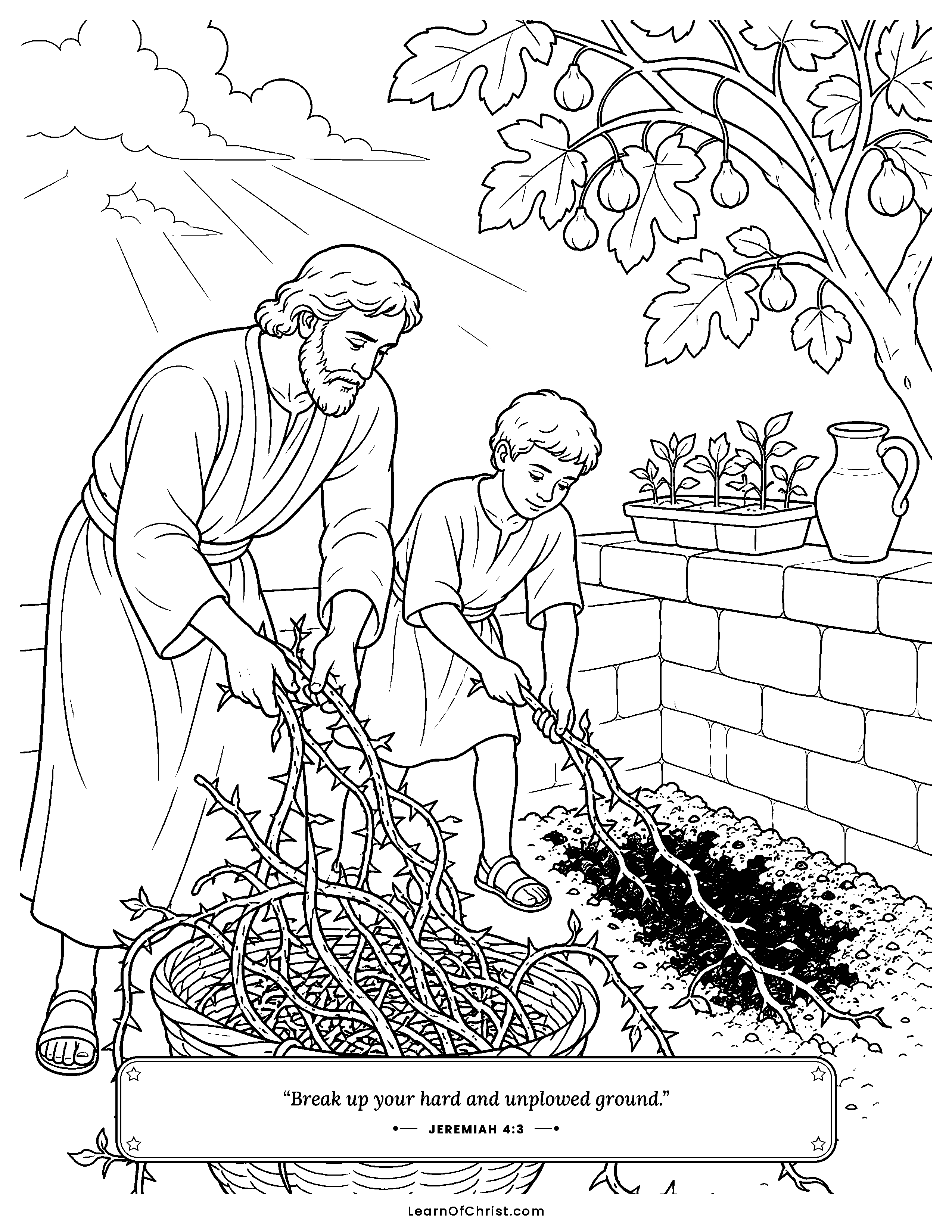Jeremiah 4 coloring page - Pulling the thorns out of the garden corner. Free printable Bible coloring sheet for kids.