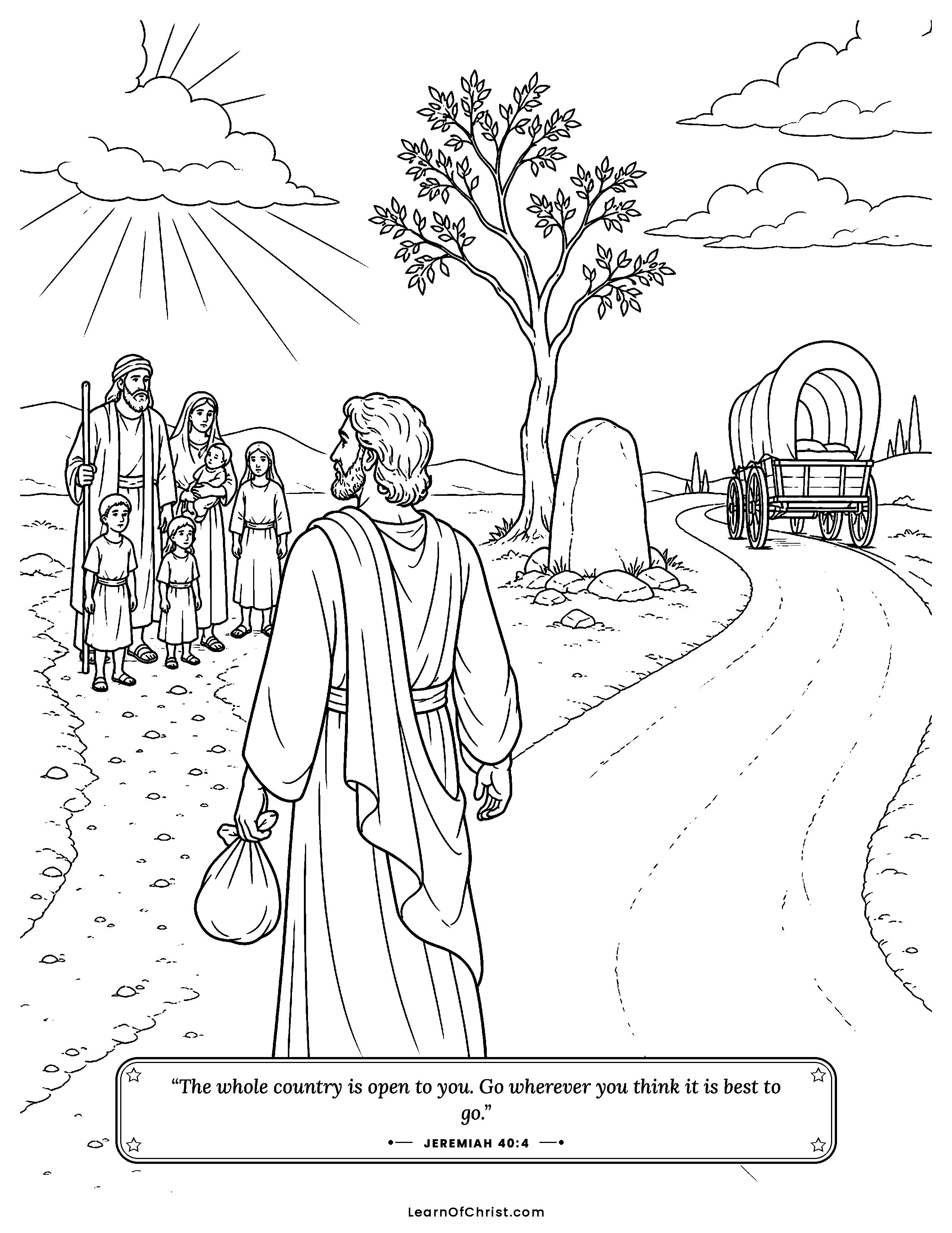 Jeremiah 40 coloring page - Jeremiah chooses to stay with his people. Free printable Bible coloring sheet for kids.