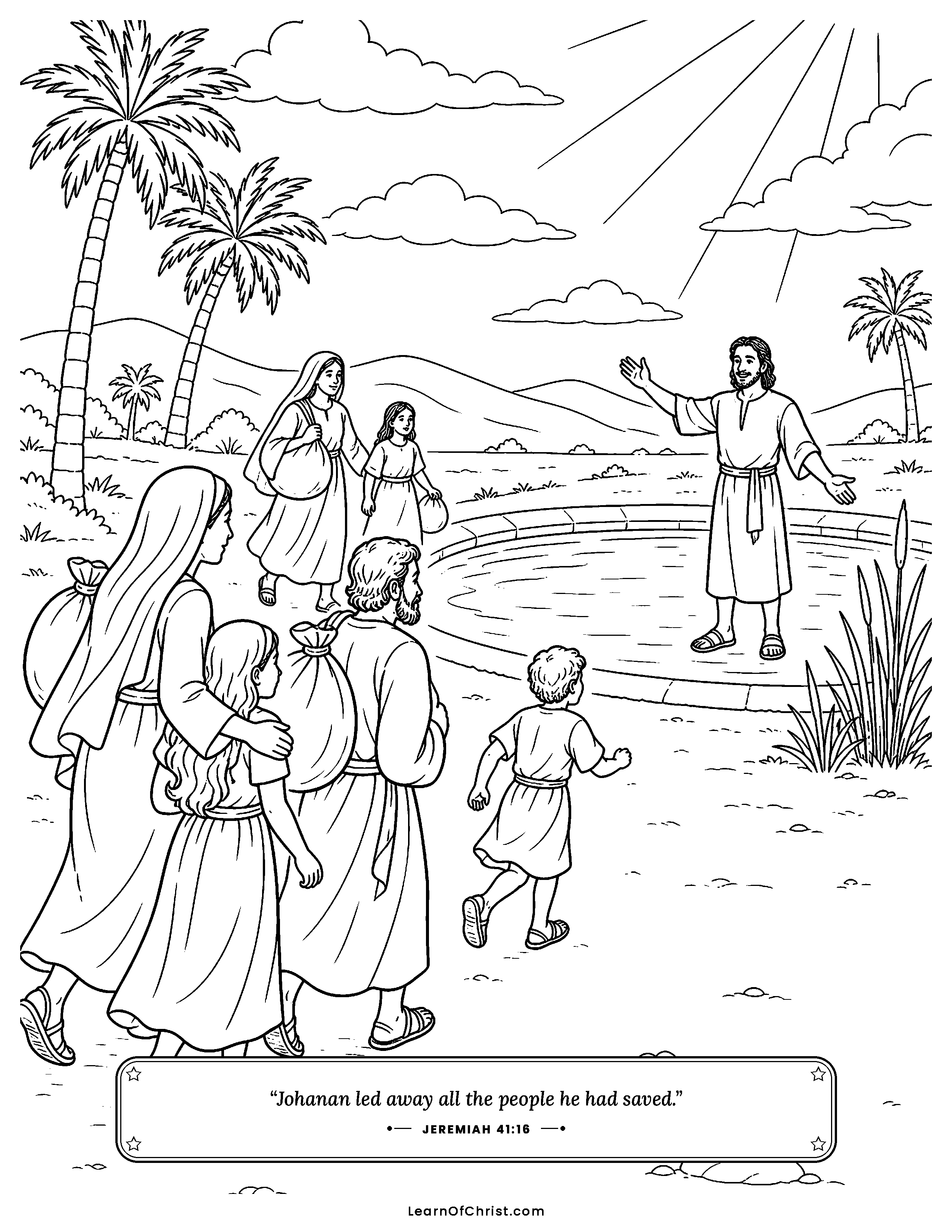 Jeremiah 41 coloring page - The families are brought safely back. Free printable Bible coloring sheet for kids.