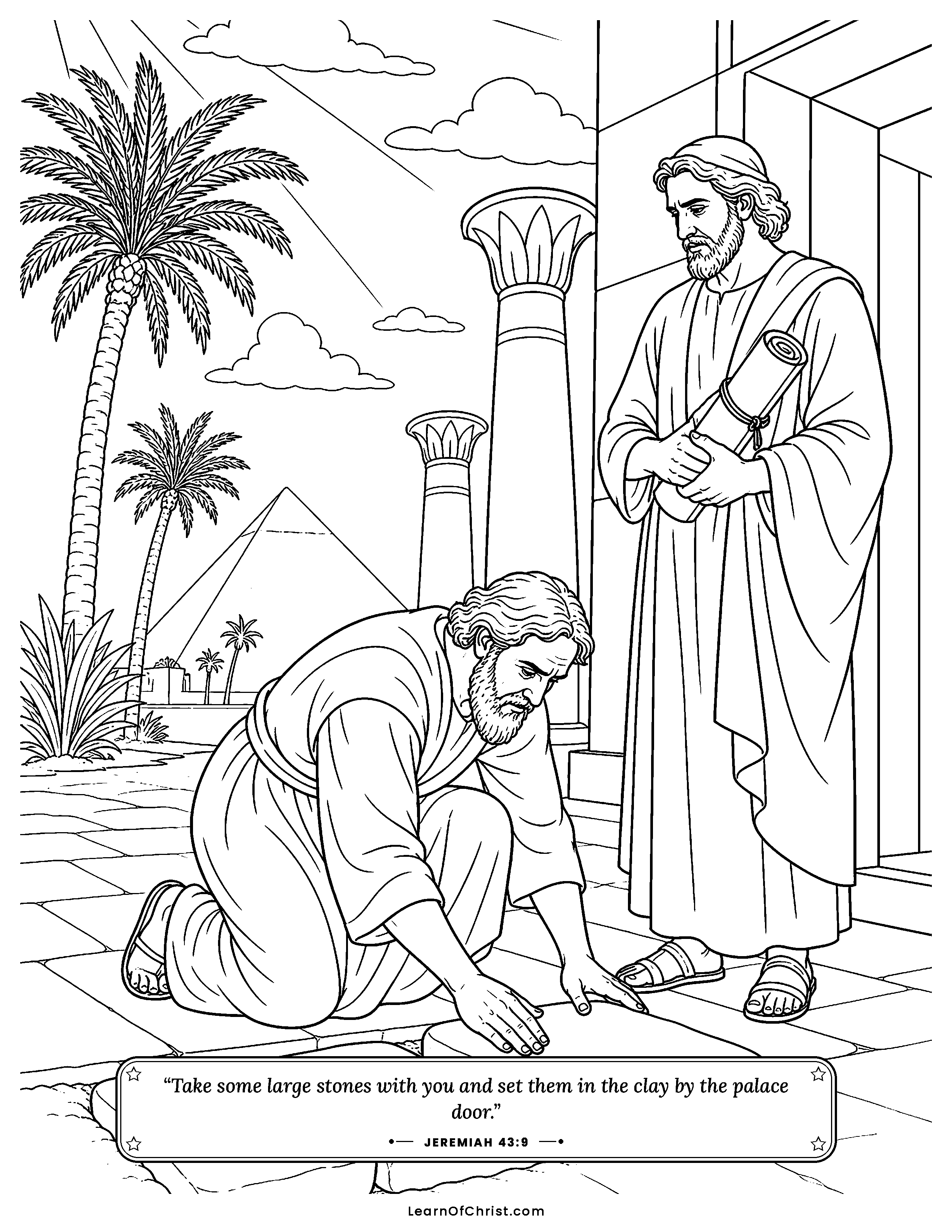 Jeremiah 43 coloring page - Jeremiah sets stones by the palace door. Free printable Bible coloring sheet for kids.