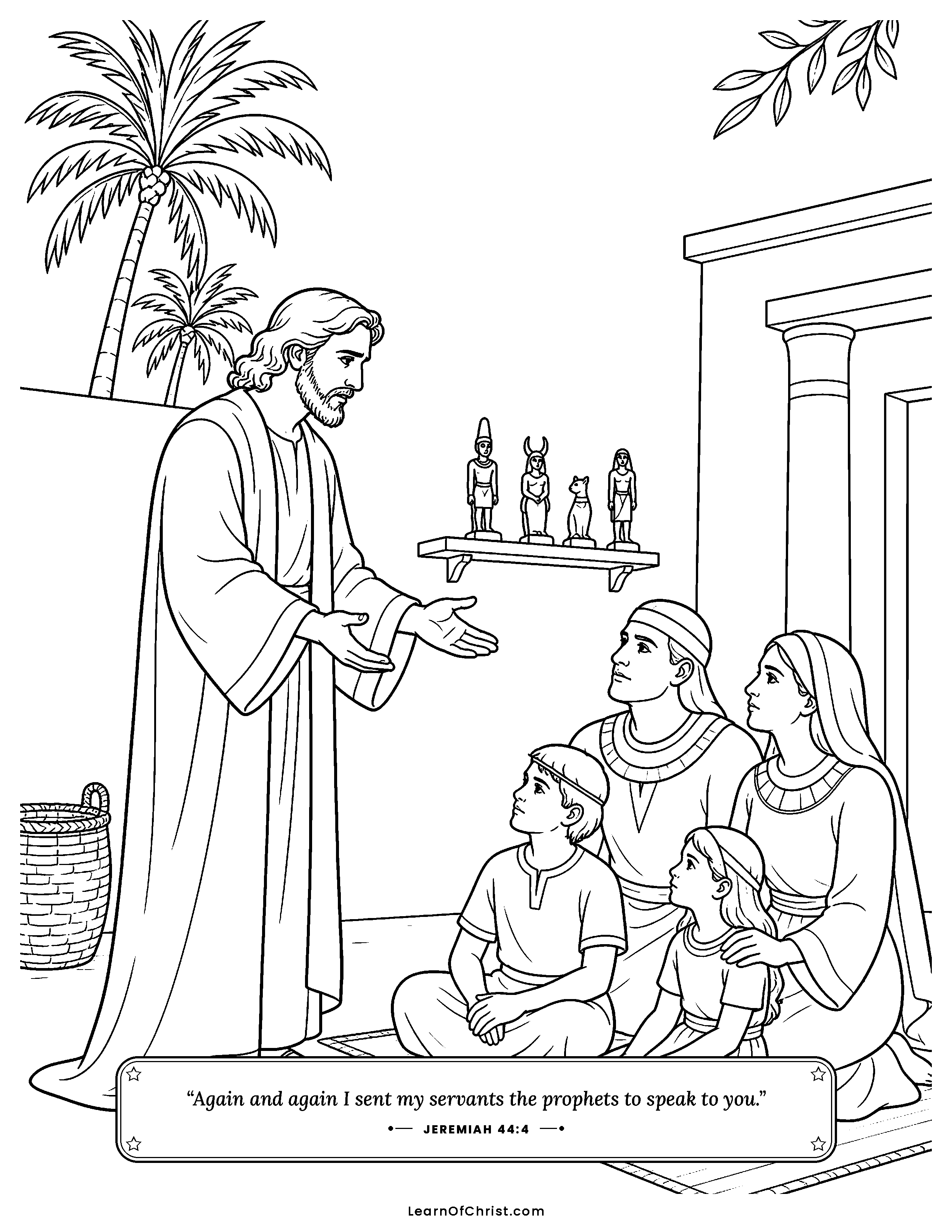 Jeremiah 44 coloring page - Jeremiah pleads with the people in Egypt. Free printable Bible coloring sheet for kids.
