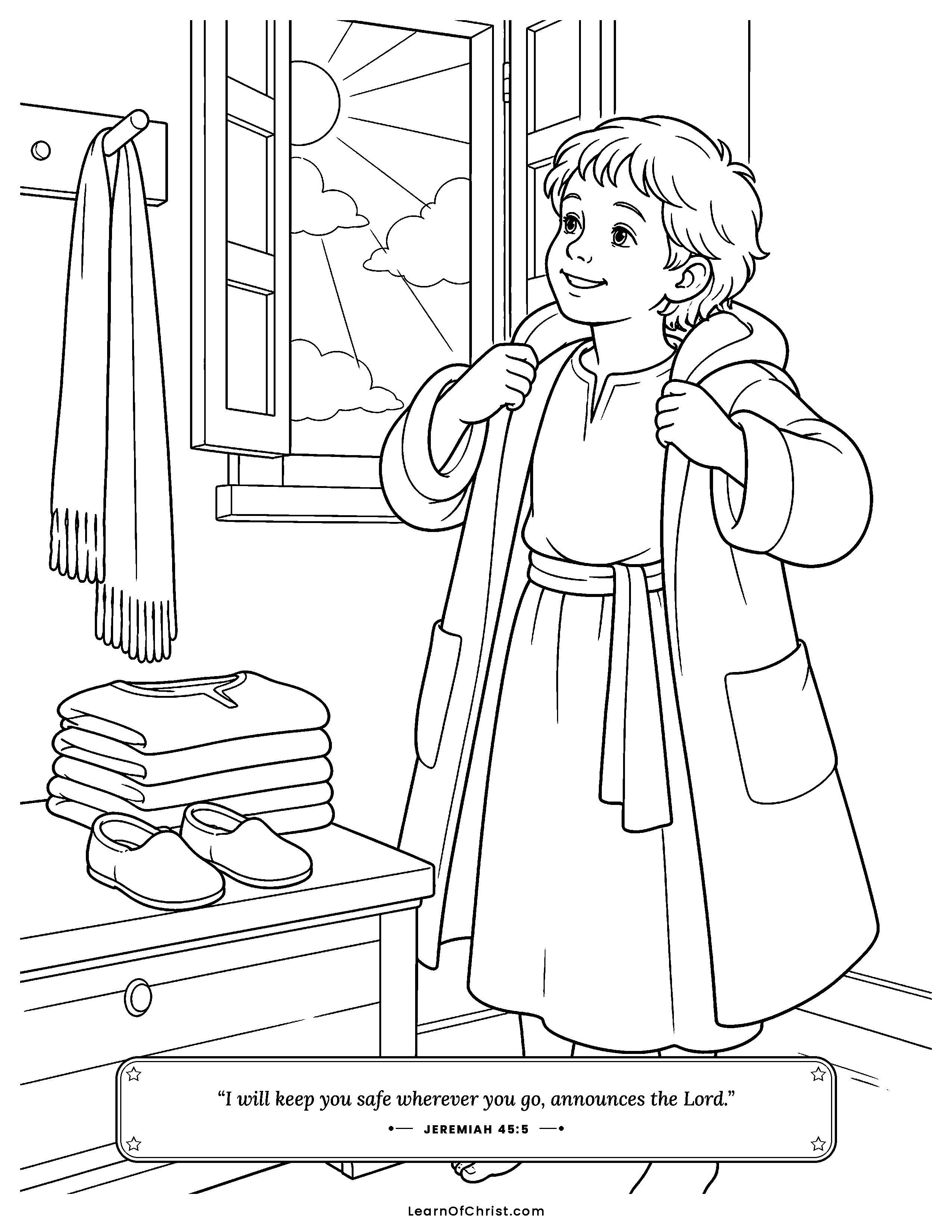 Jeremiah 45 coloring page - God comforts tired Baruch the helper. Free printable Bible coloring sheet for kids.
