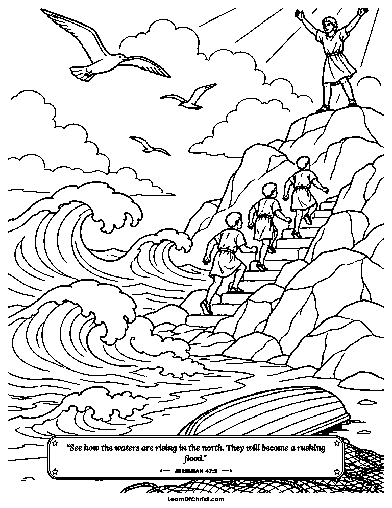 Jeremiah 47 coloring page - Running to high ground before the waves