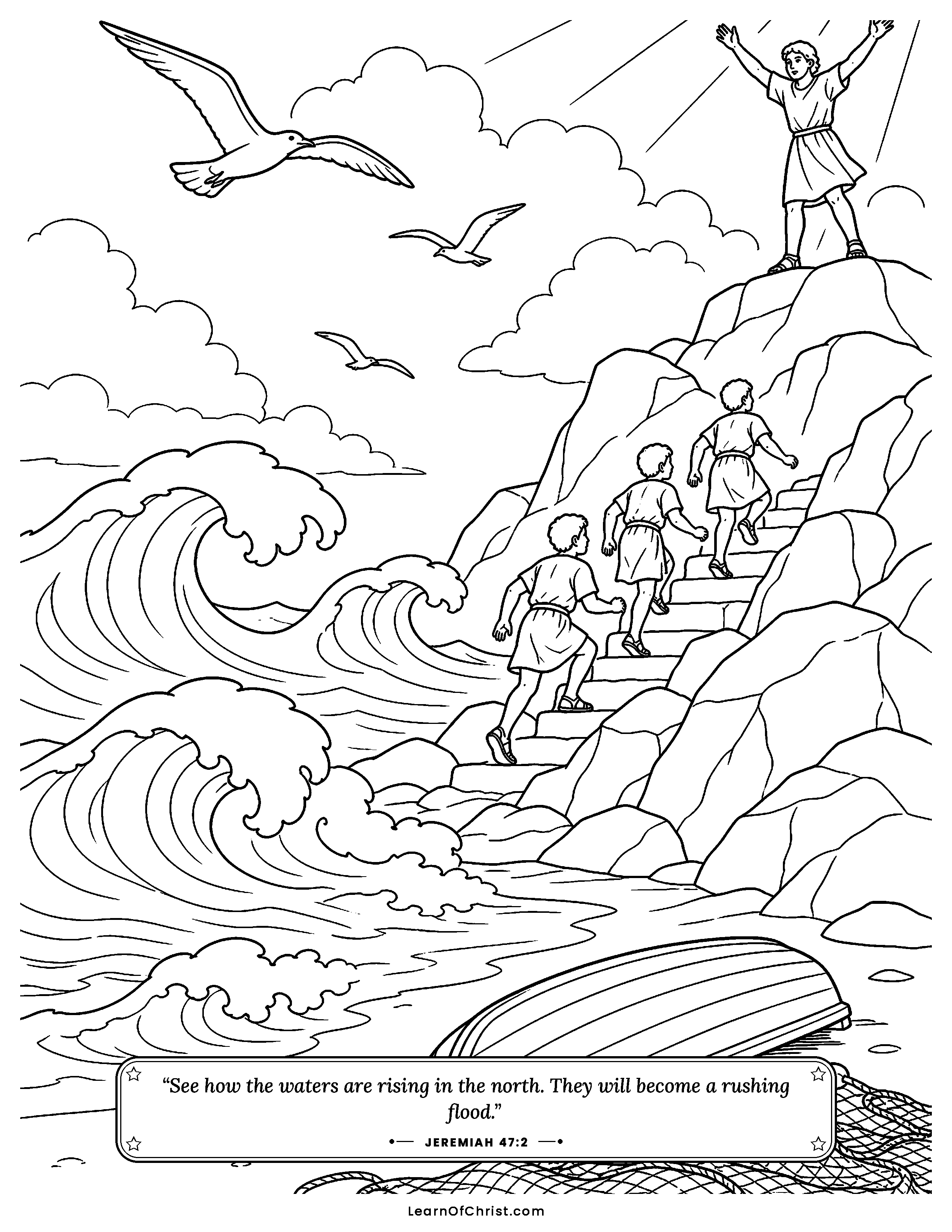 Jeremiah 47 coloring page - Running to high ground before the waves. Free printable Bible coloring sheet for kids.