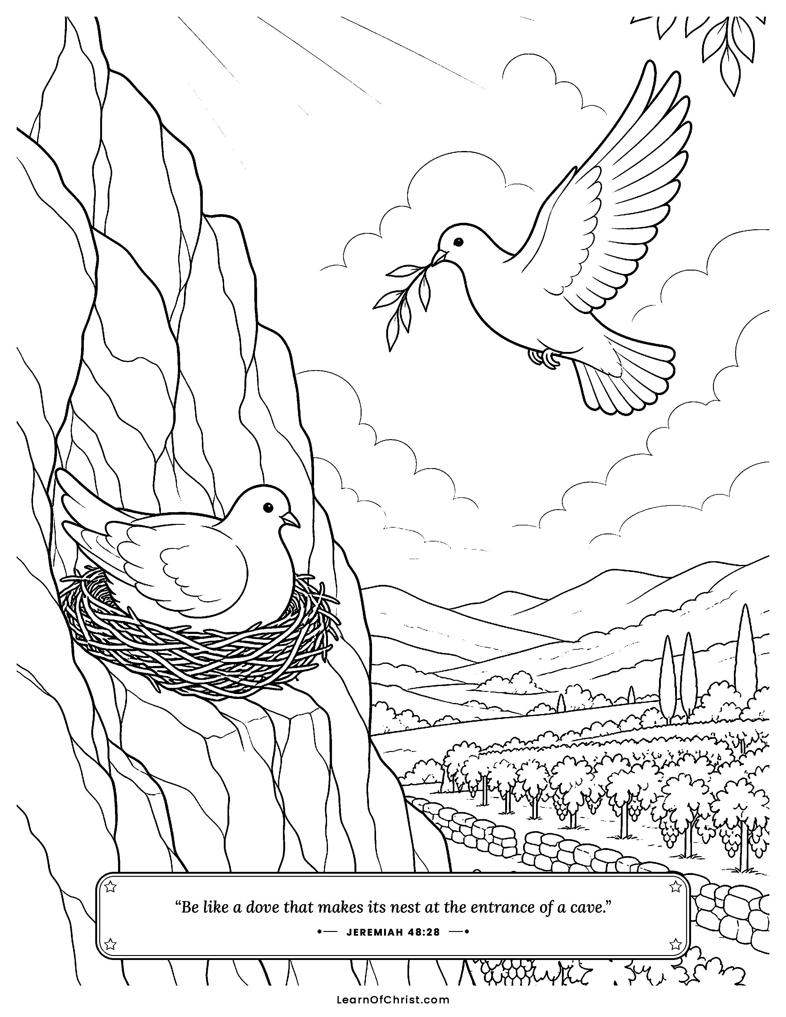 Jeremiah 48 coloring page - A dove makes its nest in the rocks. Free printable Bible coloring sheet for kids.