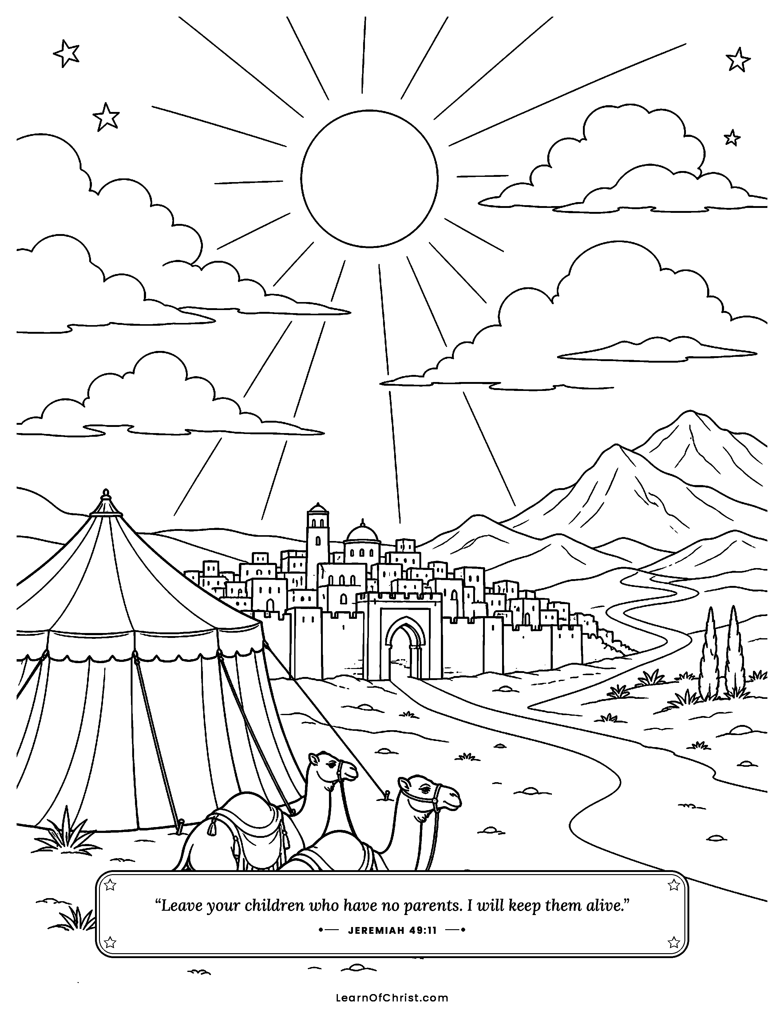 Jeremiah 49 coloring page - God sees every land under one sky. Free printable Bible coloring sheet for kids.