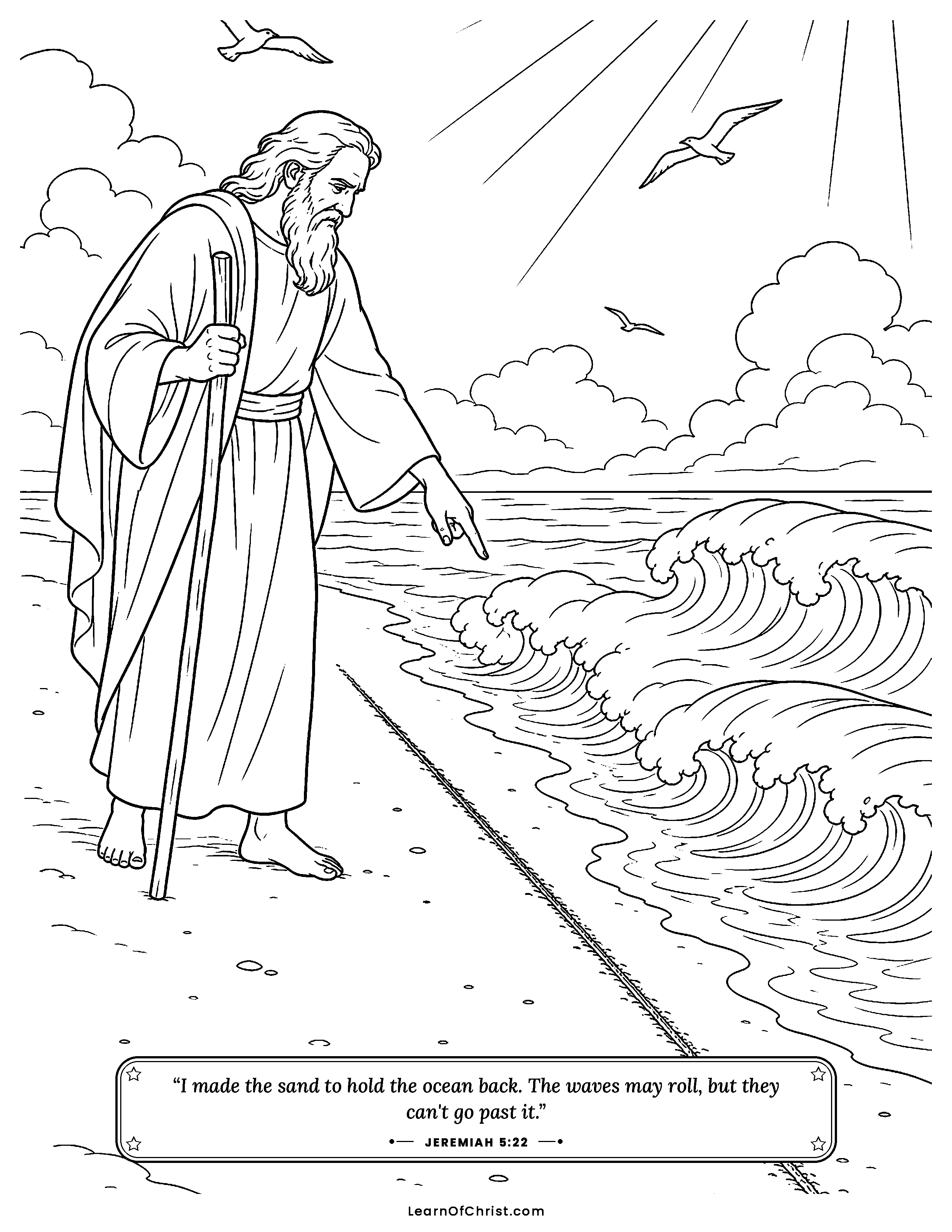 Jeremiah 5 coloring page - Waves stop at a line in the sand. Free printable Bible coloring sheet for kids.
