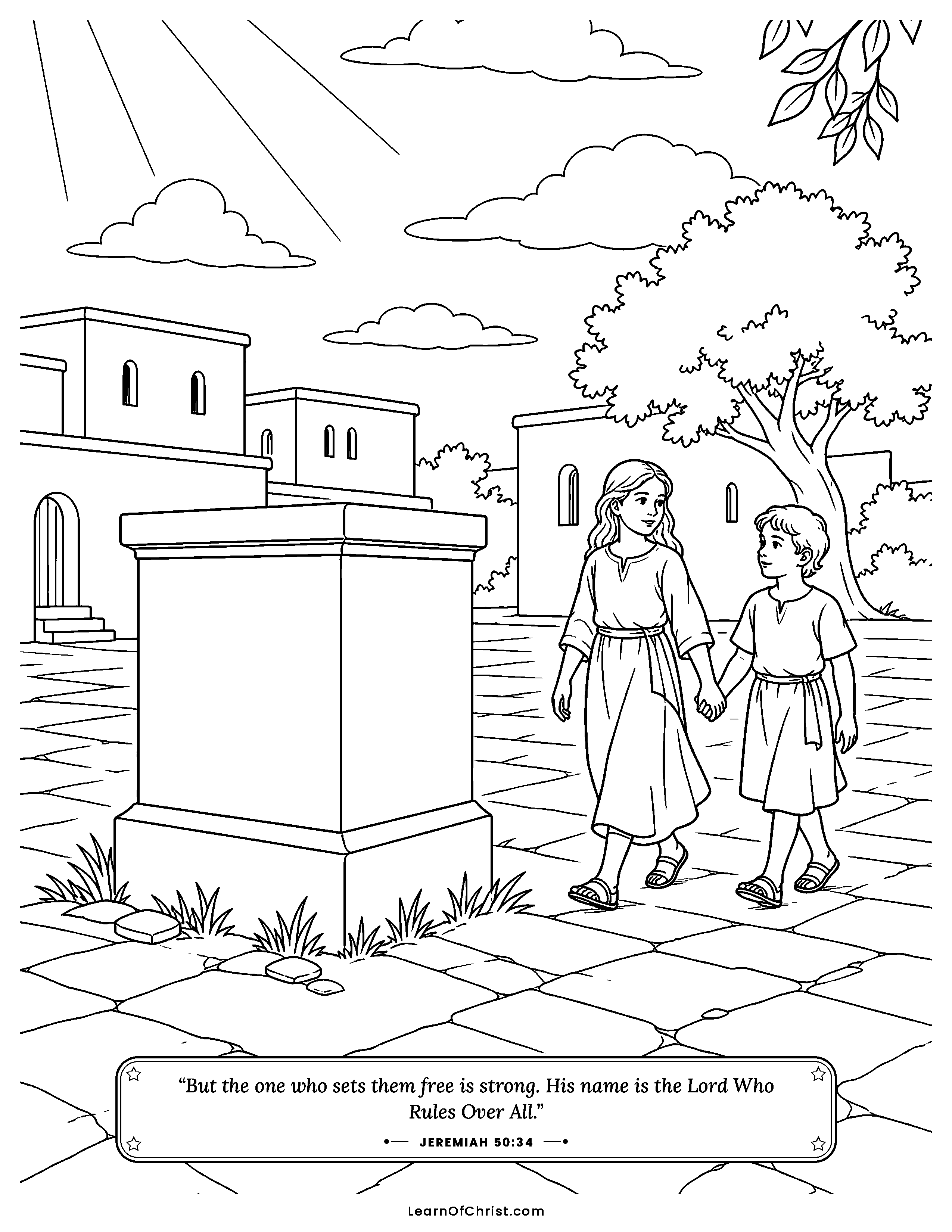 Jeremiah 50 coloring page - The empty pedestal in the square. Free printable Bible coloring sheet for kids.