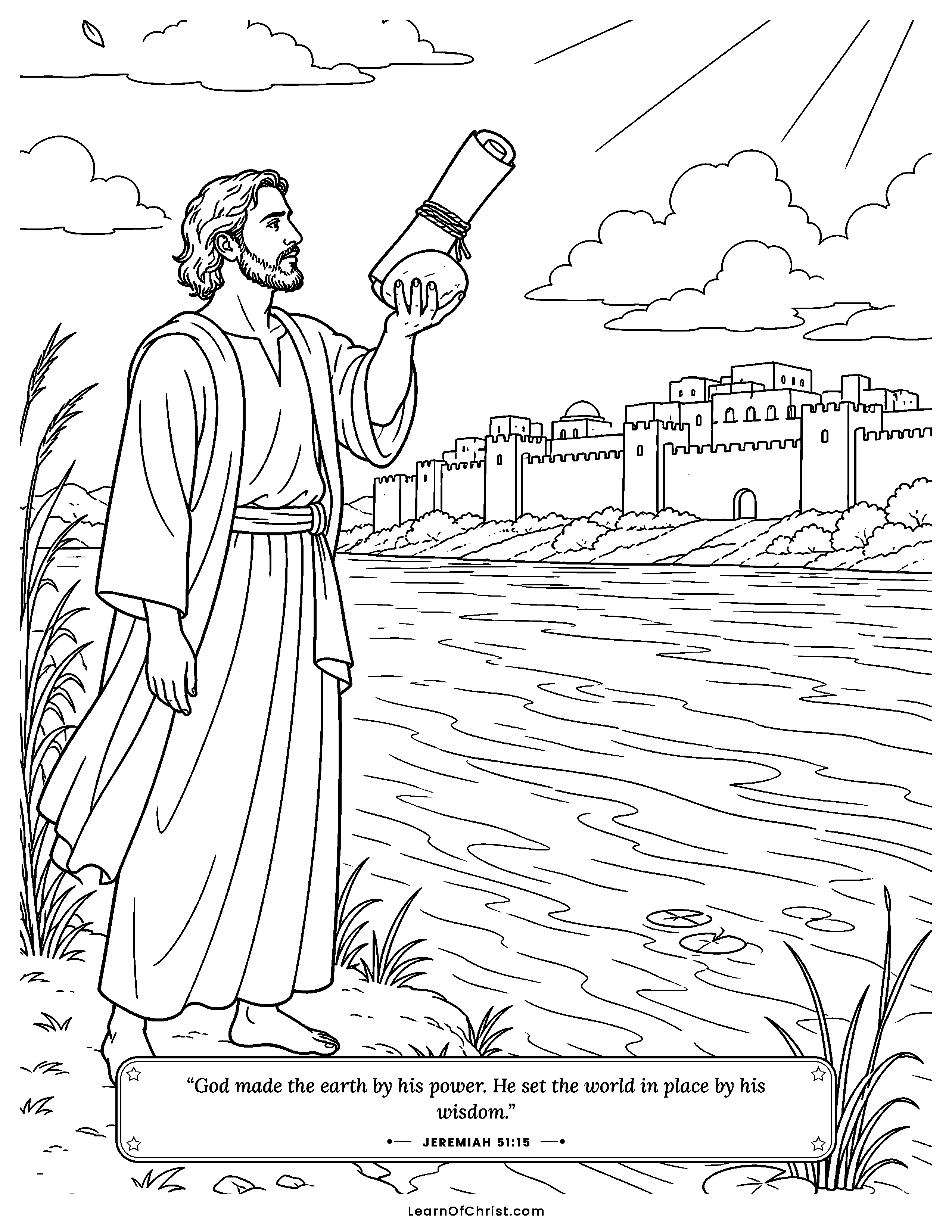 Jeremiah 51 coloring page - A scroll tied to a stone by the river. Free printable Bible coloring sheet for kids.