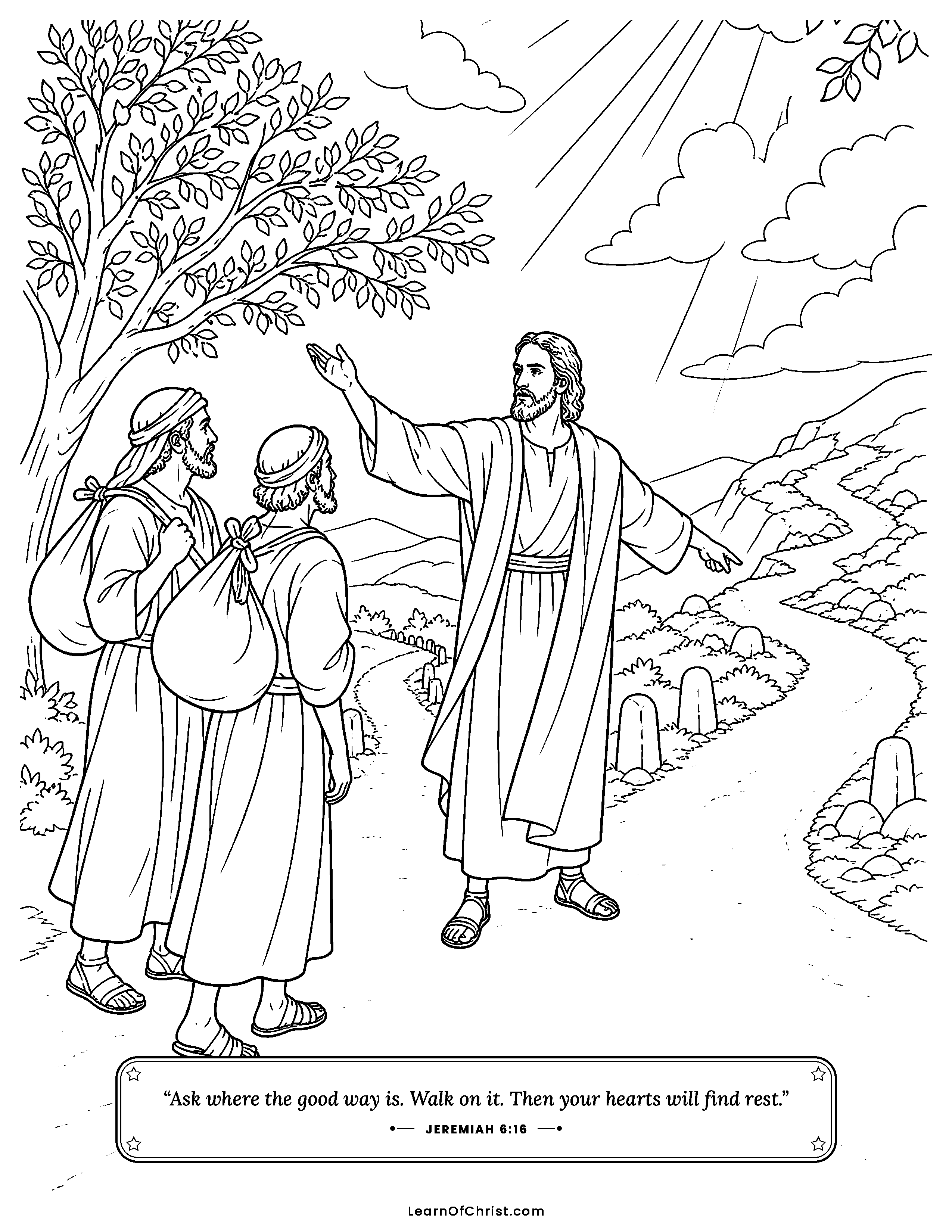 Jeremiah 6 coloring page - Jeremiah points to the good old path. Free printable Bible coloring sheet for kids.