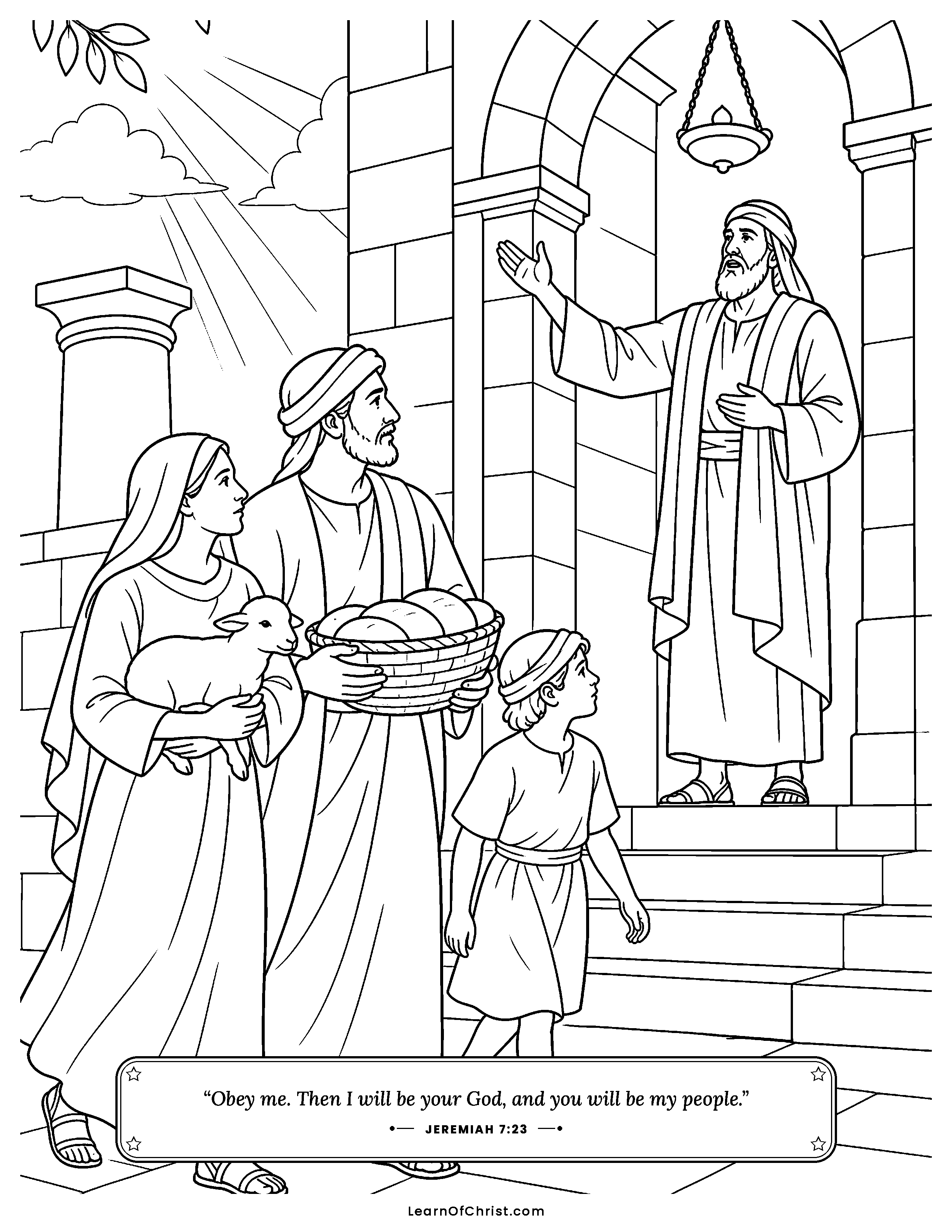 Jeremiah 7 coloring page - Jeremiah stands at the temple gate. Free printable Bible coloring sheet for kids.