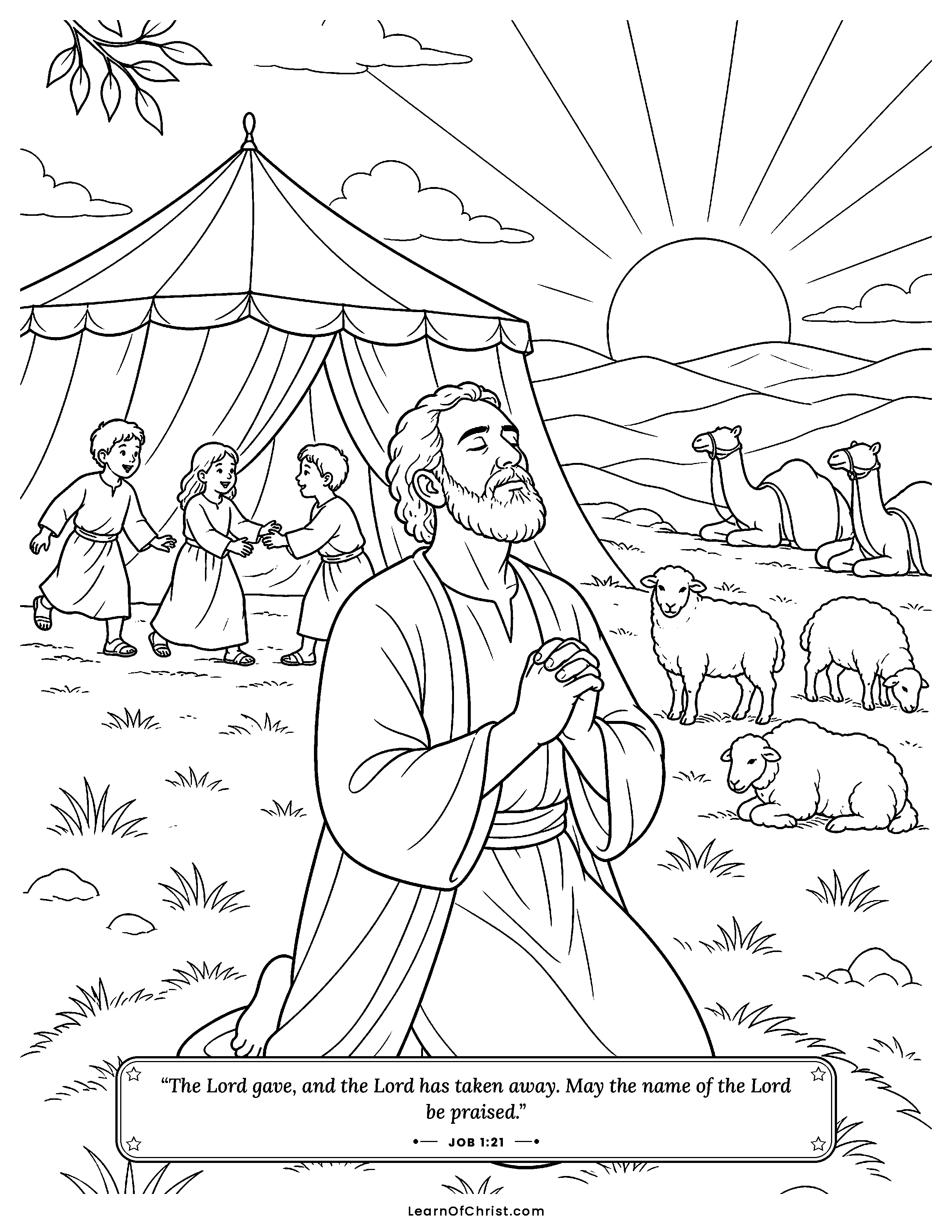 Job 1 coloring page - Job prays for his children every morning. Free printable Bible coloring sheet for kids.