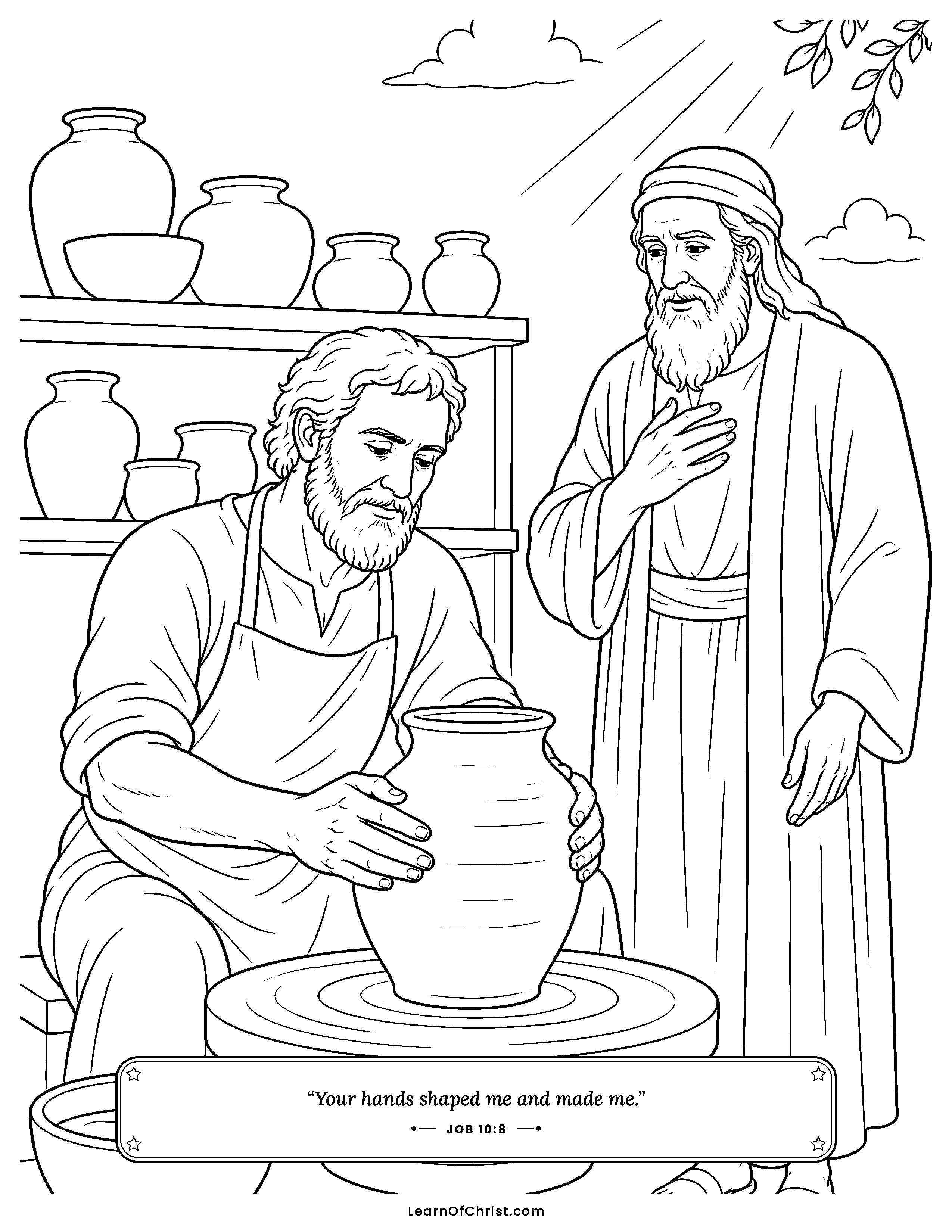 Job 10 coloring page - A potter shapes clay with his hands. Free printable Bible coloring sheet for kids.