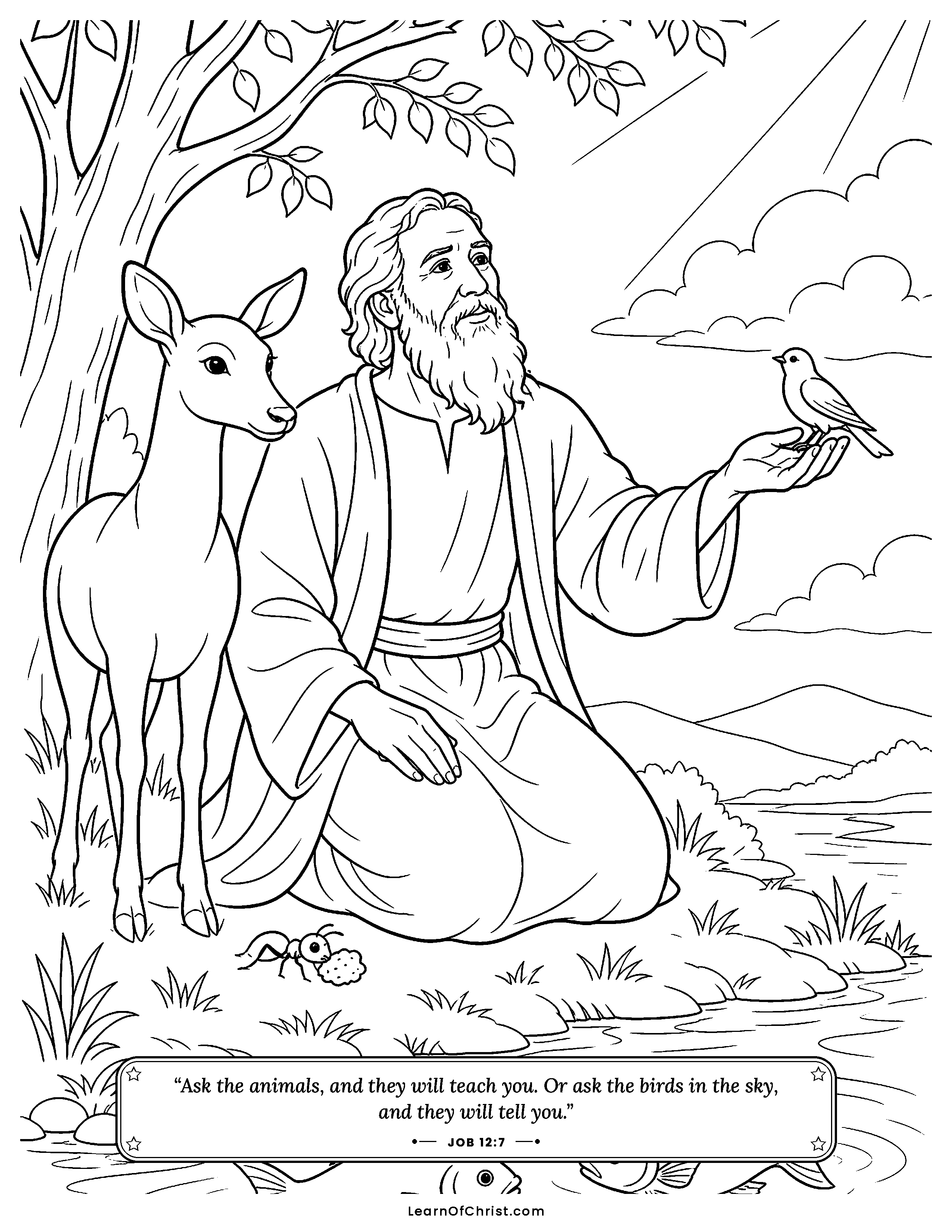 Job 12 coloring page - Ask the animals and they will teach you. Free printable Bible coloring sheet for kids.