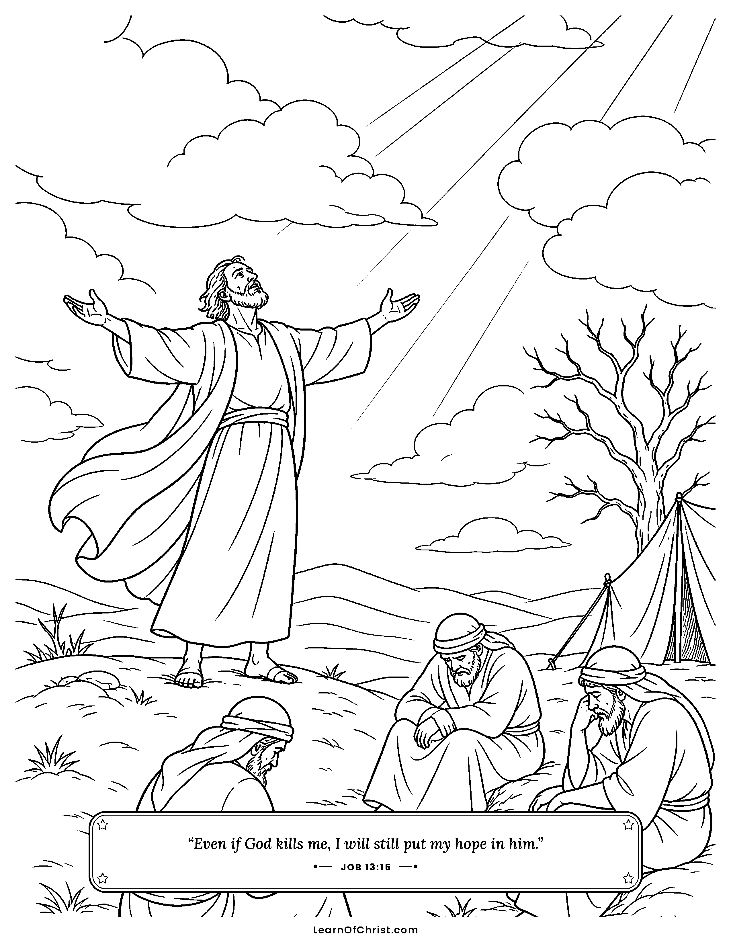 Job 13 coloring page - Job says he will trust God no matter what. Free printable Bible coloring sheet for kids.