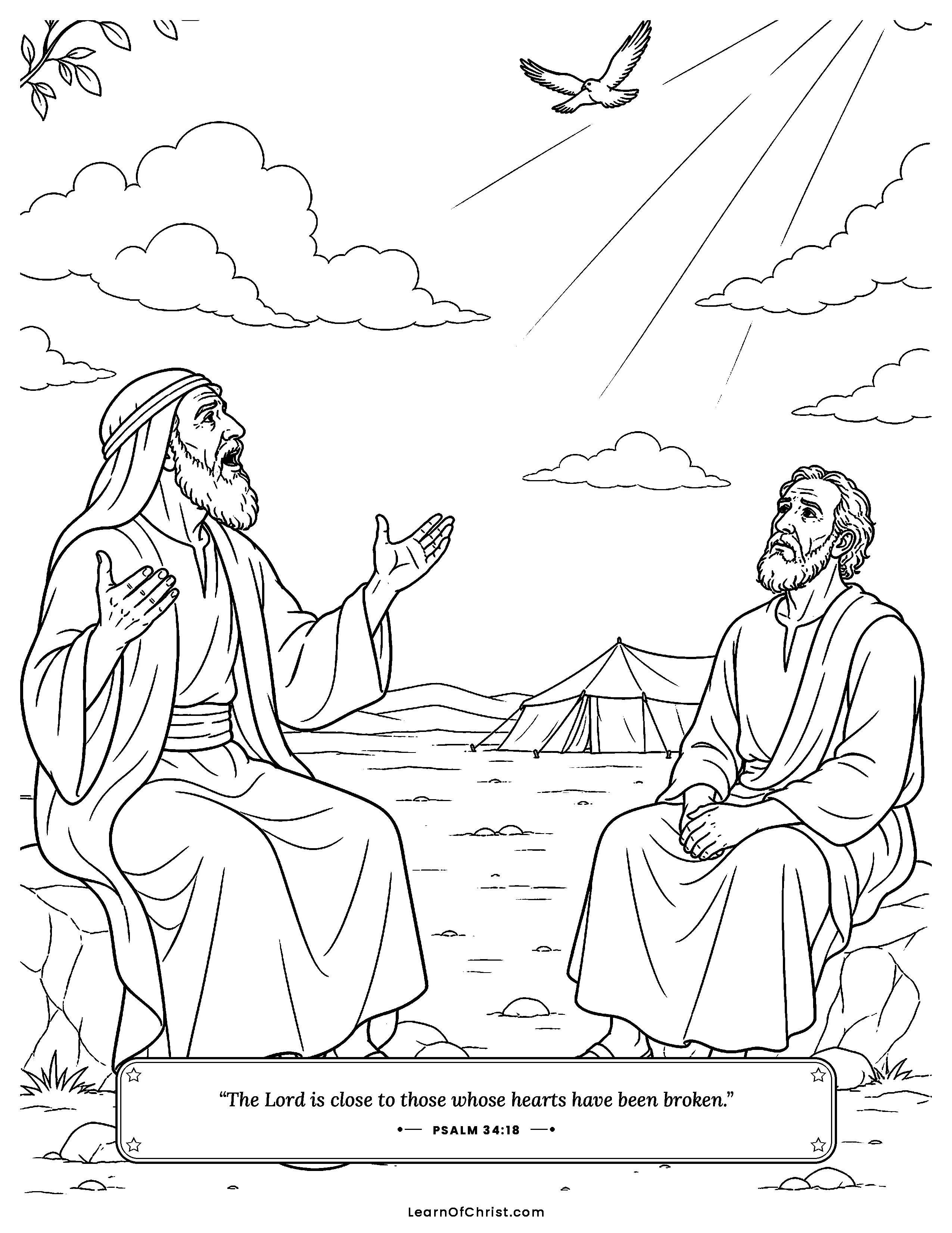 Job 15 coloring page - God listens even when friends do not. Free printable Bible coloring sheet for kids.