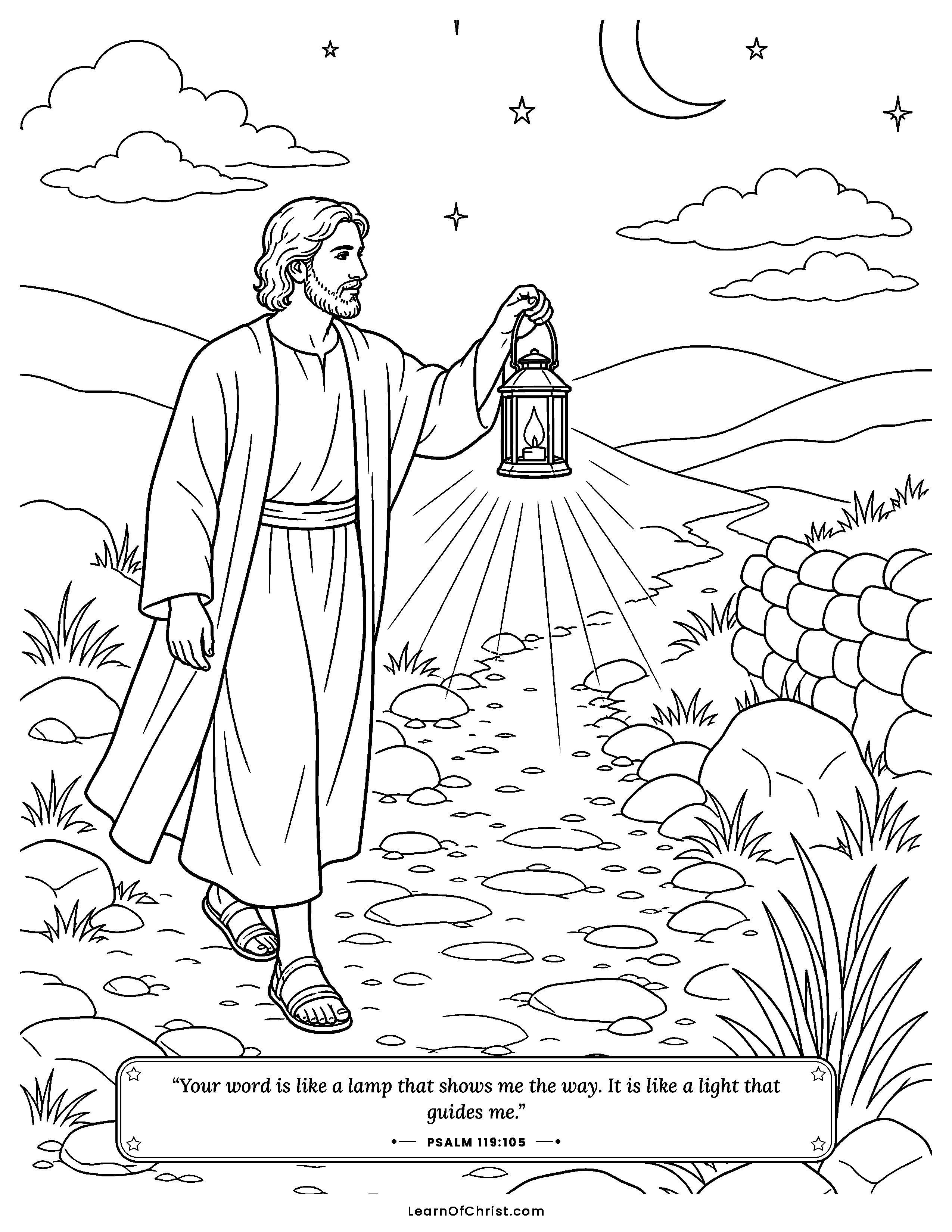 Job 18 coloring page - A lamp lights the path in the dark. Free printable Bible coloring sheet for kids.
