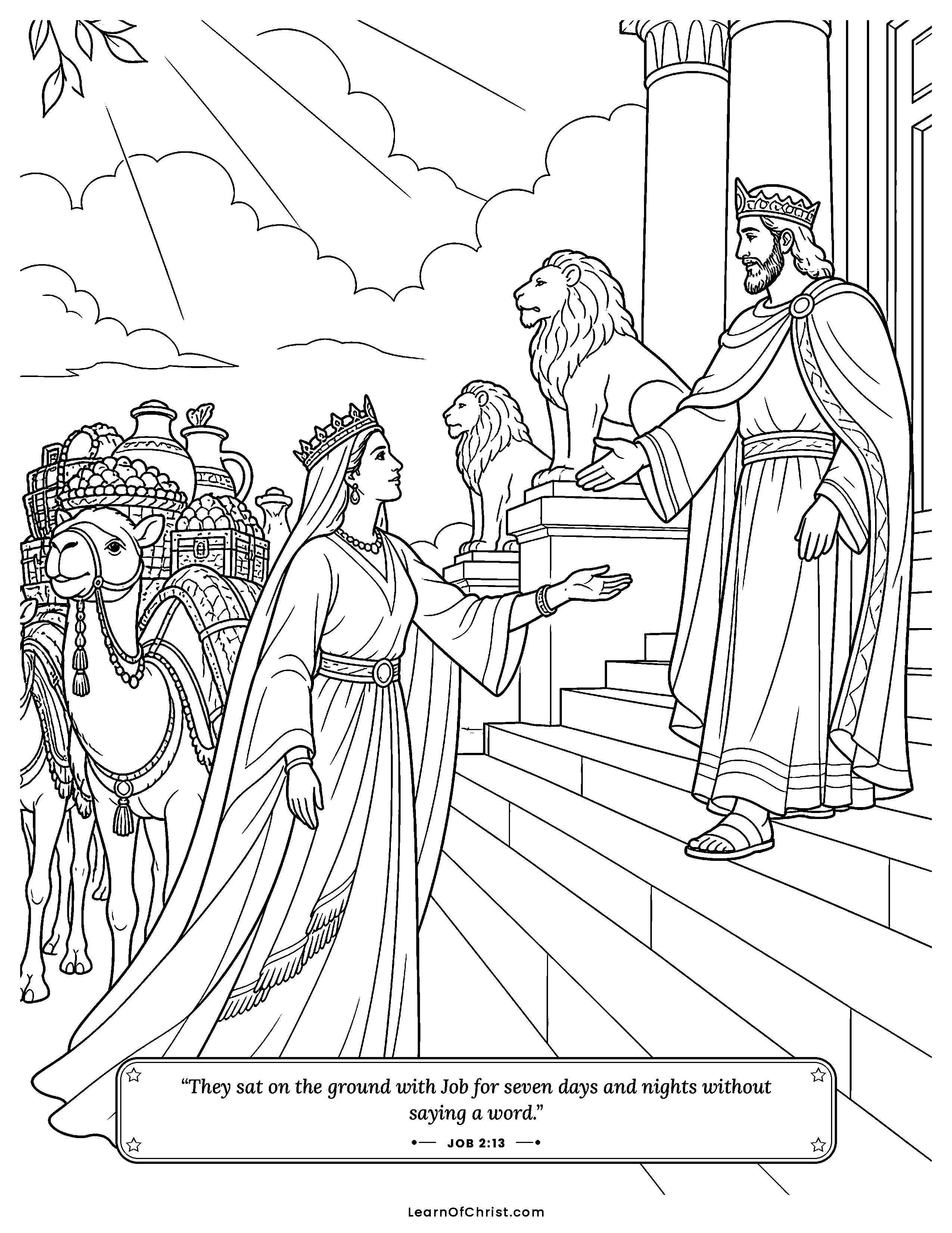 Job 2 coloring page - Three friends sit quietly beside Job. Free printable Bible coloring sheet for kids.
