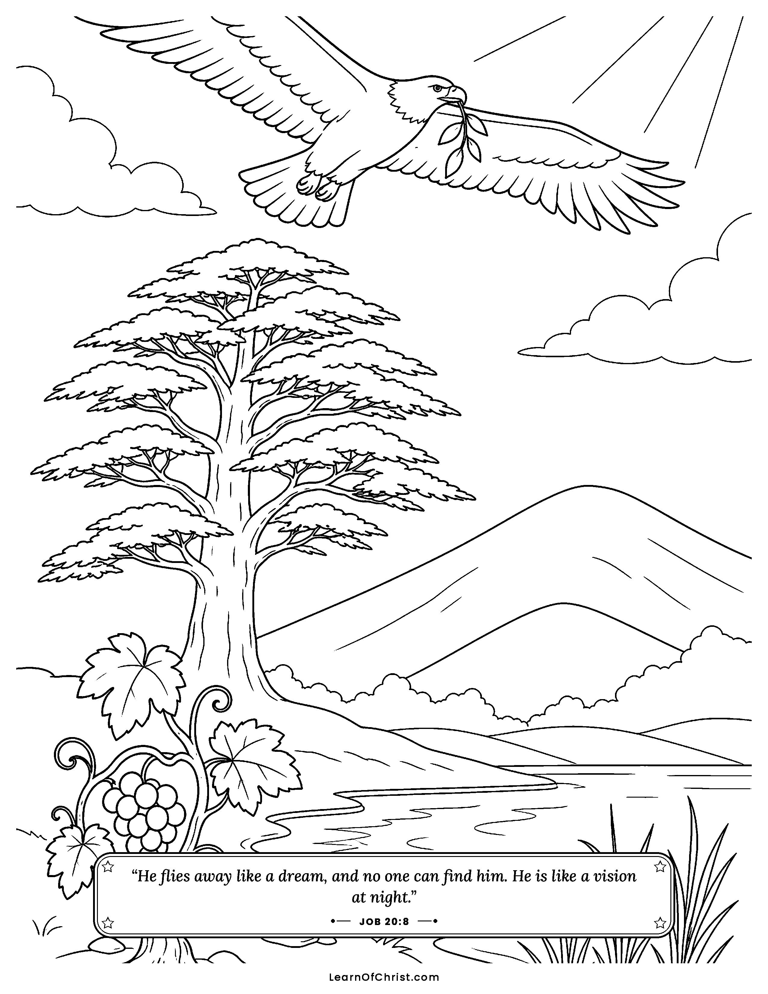 Job 20 coloring page - Zophar points to a dream drifting away. Free printable Bible coloring sheet for kids.