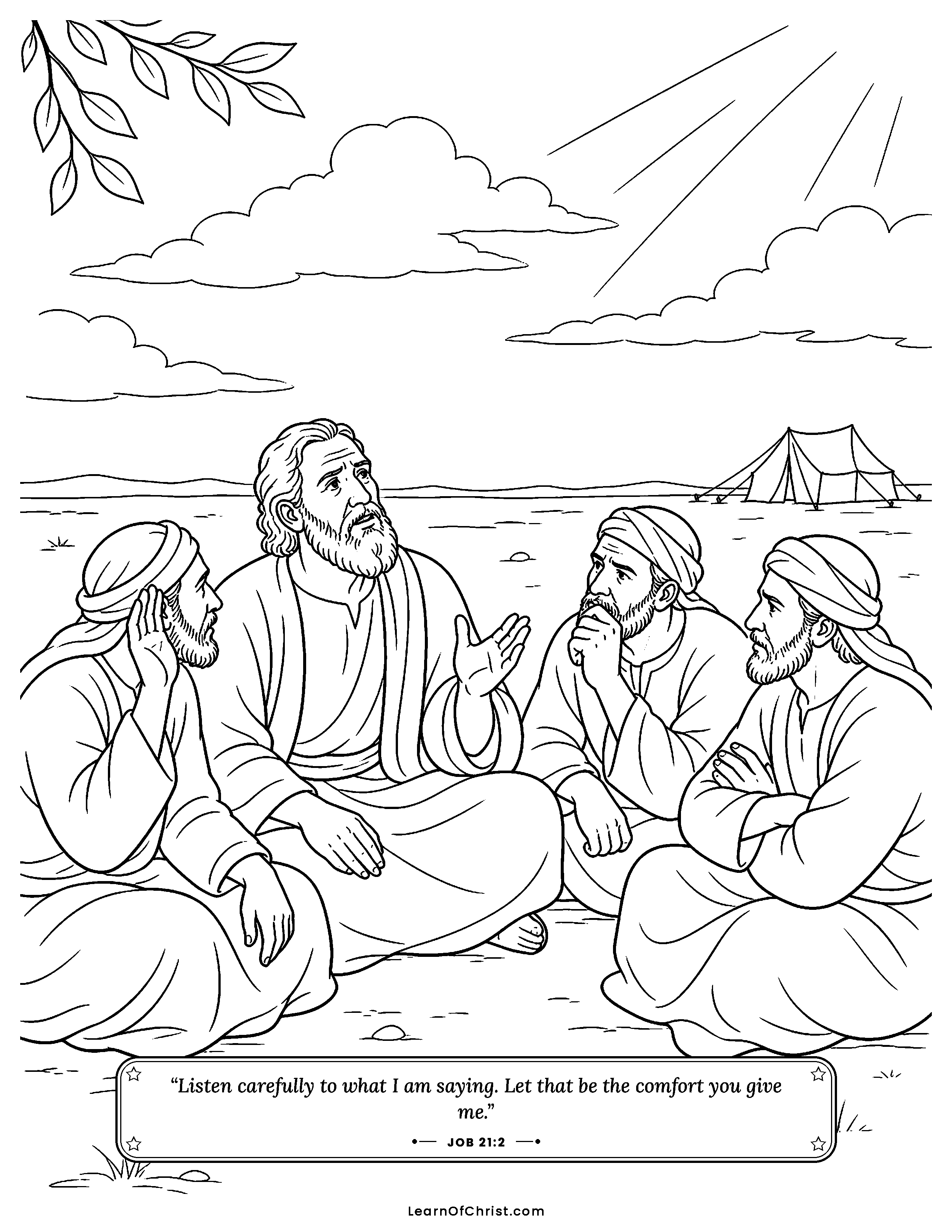 Job 21 coloring page - Job asks his friends to really listen. Free printable Bible coloring sheet for kids.