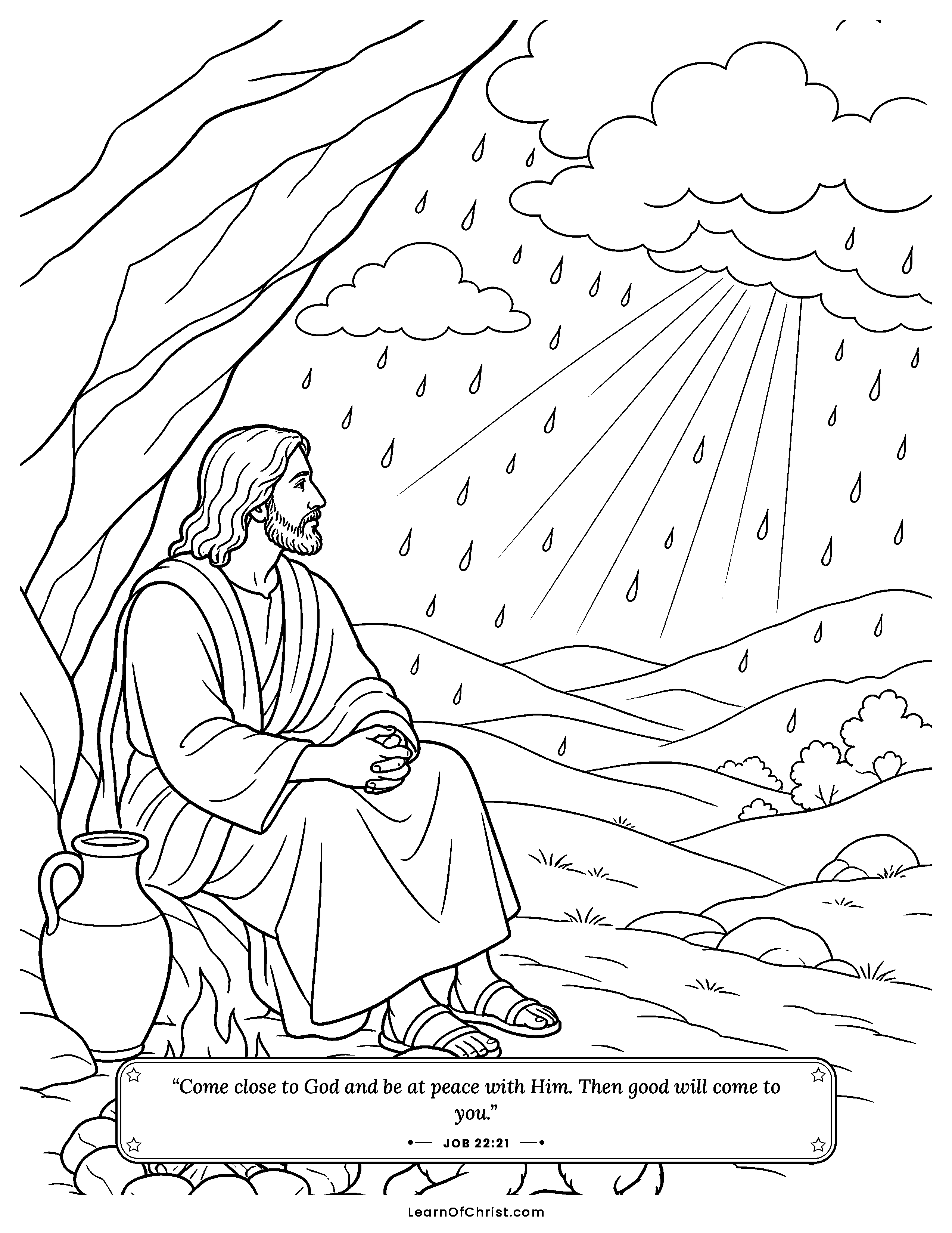Job 22 coloring page - Peace under the shelter of the rock. Free printable Bible coloring sheet for kids.
